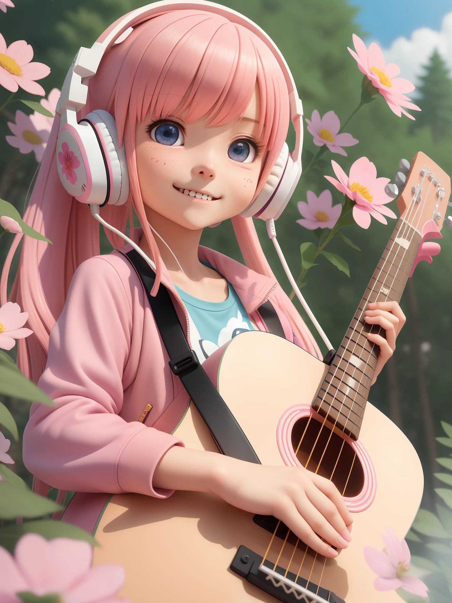 anime style by Hayao Miyazaki and Makoto Shinkai, ultra detailed 1 very cute blueyed chibi girl smiling with bright eyes with pink hair and blushed, flower, outdoors, playing guitar, music, holding guitar, leather jacket, :3, shirt, long pinkhair in one side ponytail, pine trees, pink hair, blushed, long sleeves, bangs, headphones, flowers, beautiful detailed face, high resolution, 32k resolution, best quality