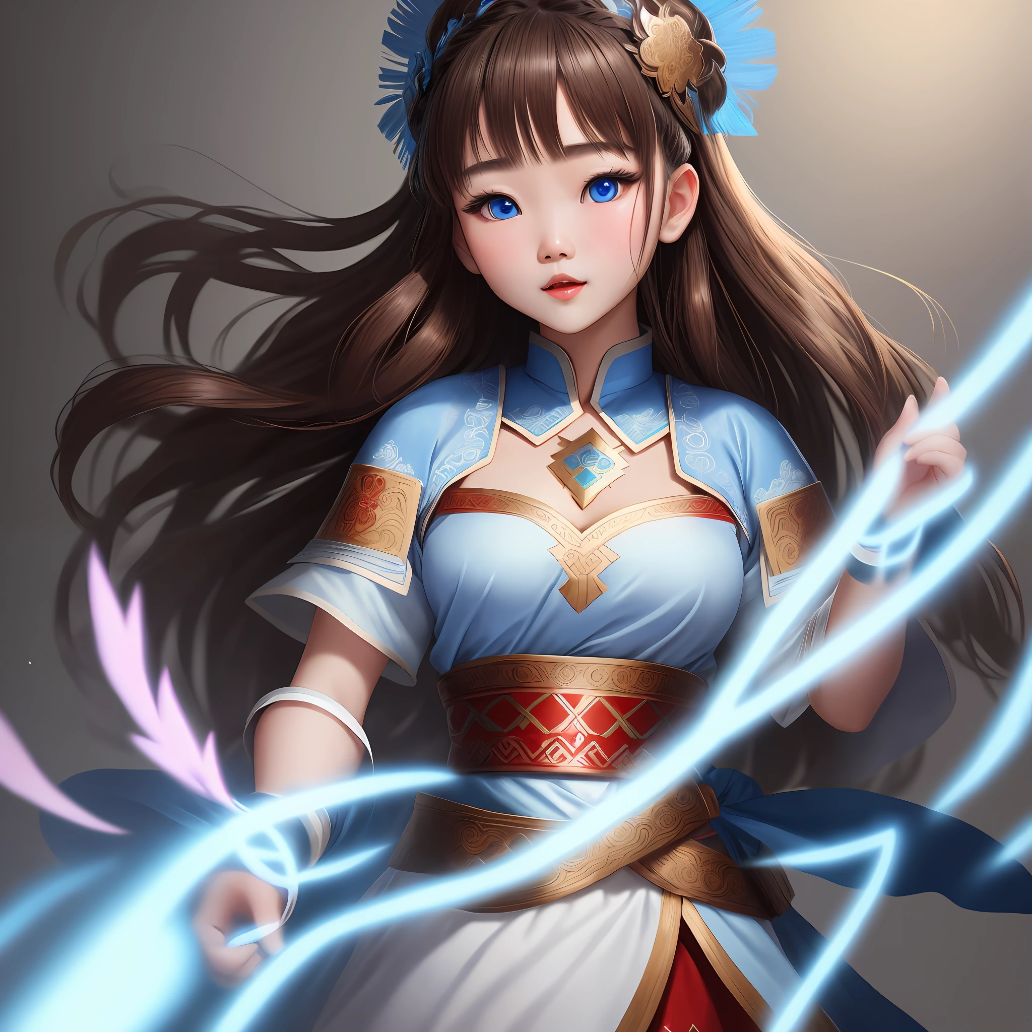 Hmong costume light blue eyes brown hair unreal 8K wallpaper super detailed best quality elegant medium chest