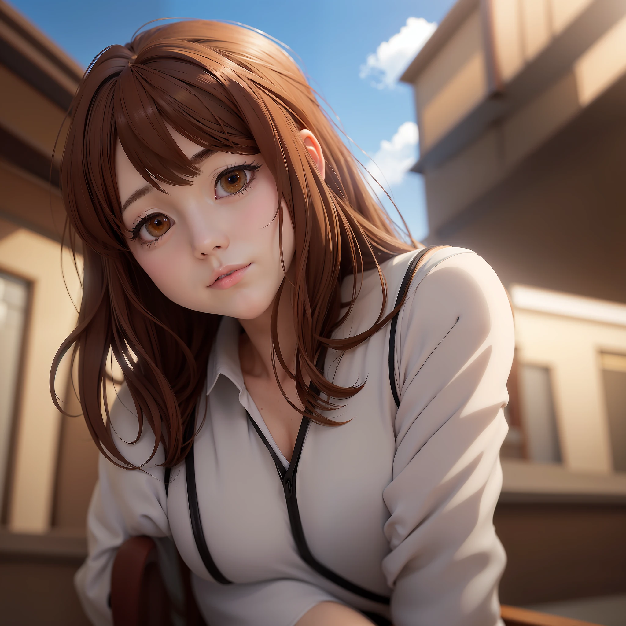 anime girl with brown hair and blue eyes sitting on a bench, smooth anime cg art, realistic anime 3 d style, photorealistic anime girl render, realistic anime artstyle, anime realism style, photorealistic anime, digital anime illustration, painted in anime painter studio, 3 d anime realistic, kawaii realistic portrait, made with anime painter studio, digital anime art