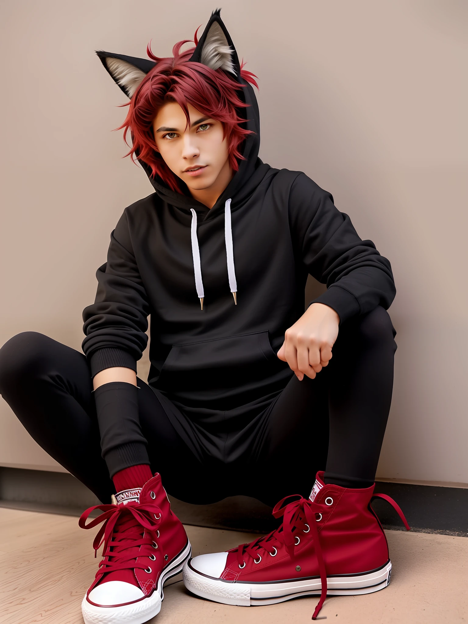 cat-boy, toned, sharp big wolf ears, wolf tail, big black messy hair, extremely vibrant red eyes, HD, masterpiece, vibrant, black converse shoes, slim dark black hoodie, full body view, neutral face, black thigh socks, combat boots.