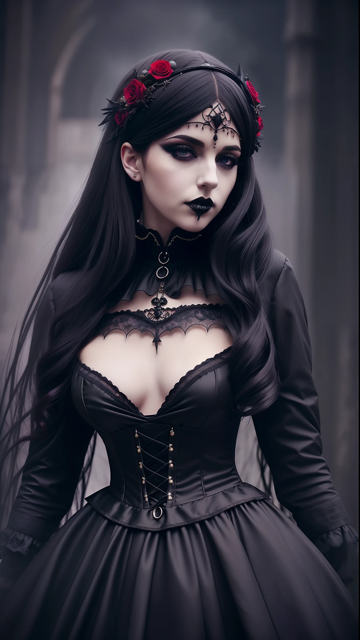 girl, (erotism:1.3), (gothic dress:1.3), highly detailed, black long hair, empress, black lipstick, Cinematic film still, hdr, cinematic lighting, (volumetric fog:0.7)