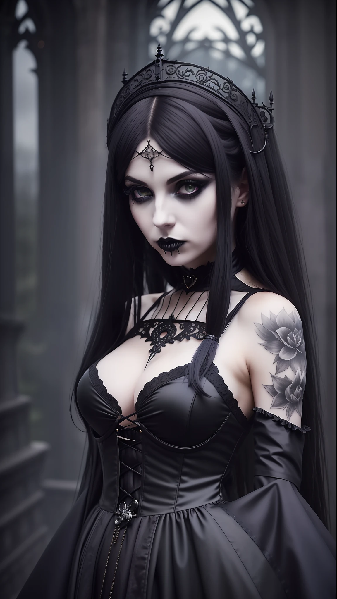 girl, (erotism:1.3), (gothic dress:1.3), highly detailed, black long  hair, empress, black lipstick, Cinematic film still, hdr, cinematic lighting, (volumetric fog:0.7)