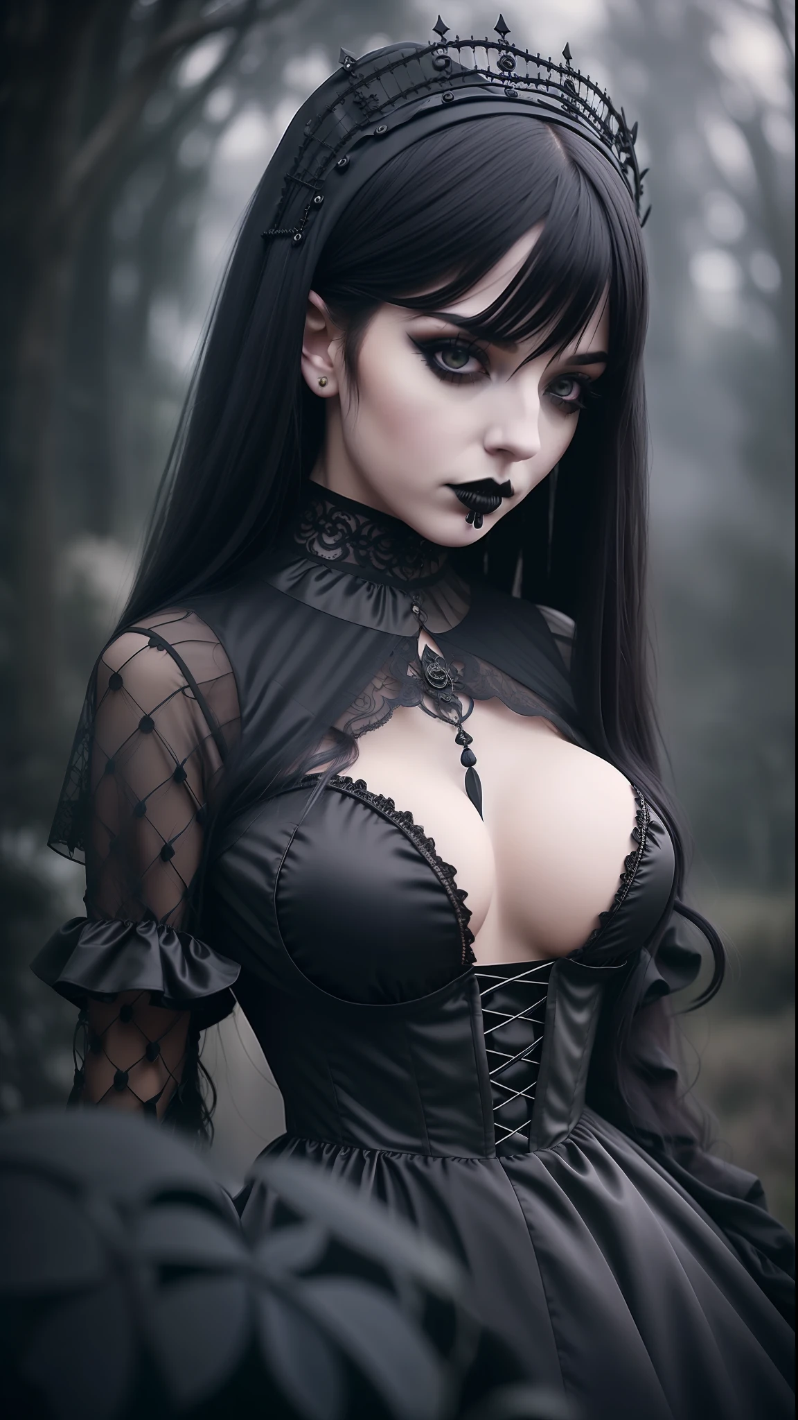 girl, (erotism:1.3), (gothic dress:1.3), highly detailed, black long hair, empress, black lipstick, Cinematic film still, hdr, cinematic lighting, (volumetric fog:0.7)