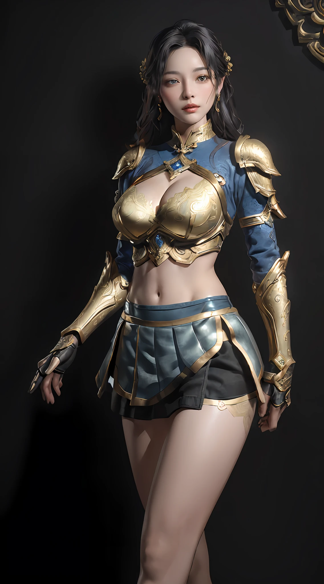 a sexy woman in a gold and blue lotus lace armor skirt, chengwei pan on artstation, by Yang J, detailed fantasy art, stunning character art, fanart best artstation, epic exquisite character art, beautiful armor, extremely detailed artgerm, detailed digital anime art, artgerm on artstation pixiv, armor girl, cleavage:1.5 , big breasts:1.4, (mini skirt:1.5)