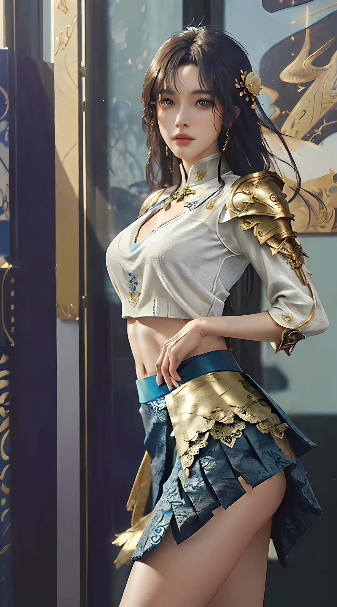 a sexy woman in a gold and blue lotus lace armor skirt, chengwei pan on artstation, by Yang J, detailed fantasy art, stunning character art, fanart best artstation, epic exquisite character art, beautiful armor, extremely detailed artgerm, detailed digital anime art, artgerm on artstation pixiv, armor girl, cleavage:1.5 , big breasts:1.4, (mini skirt:1.5)