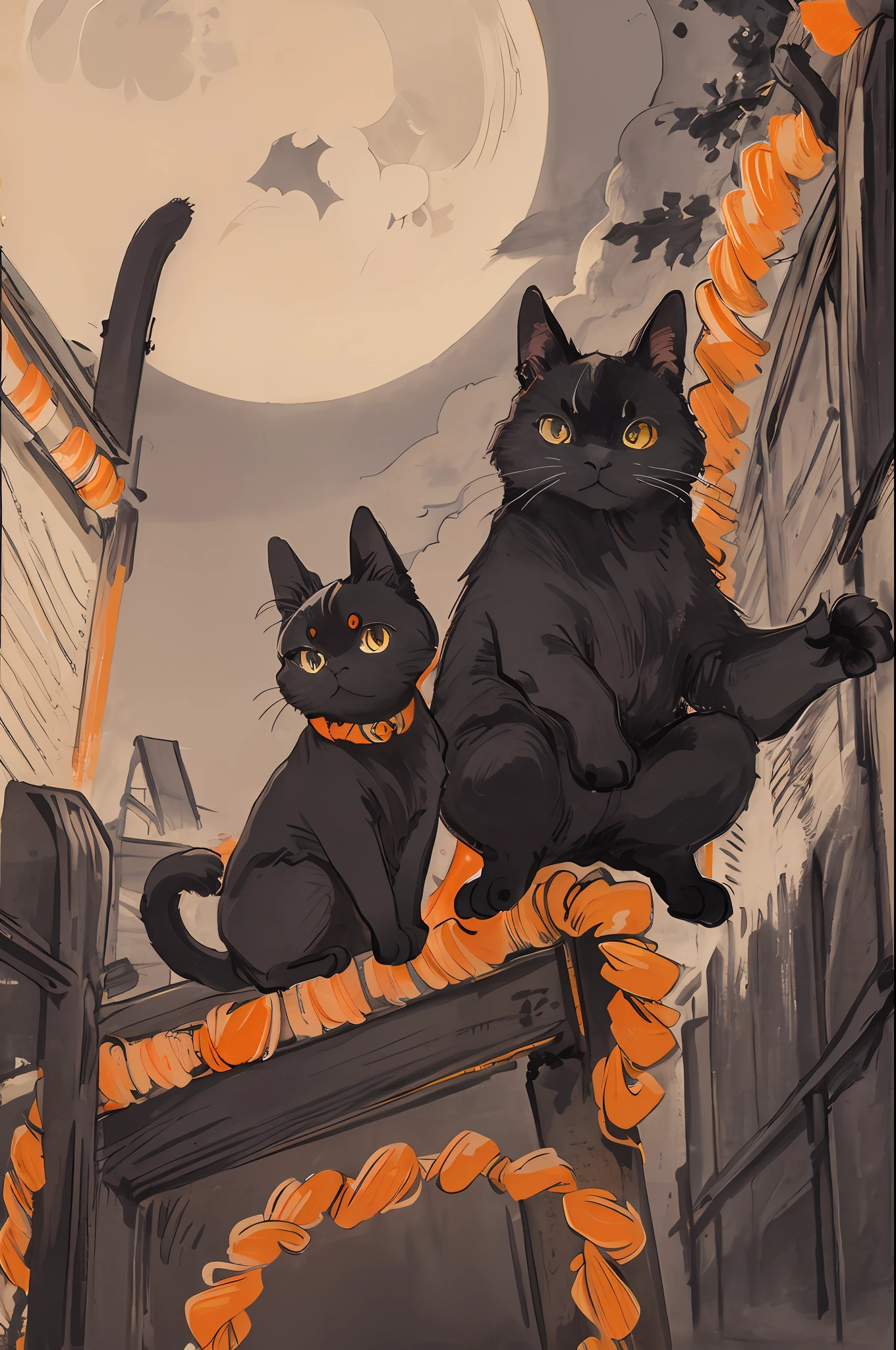 Black Cat, Orange, Cute, Big Eyes, Masterpiece, Full Moon, Alley