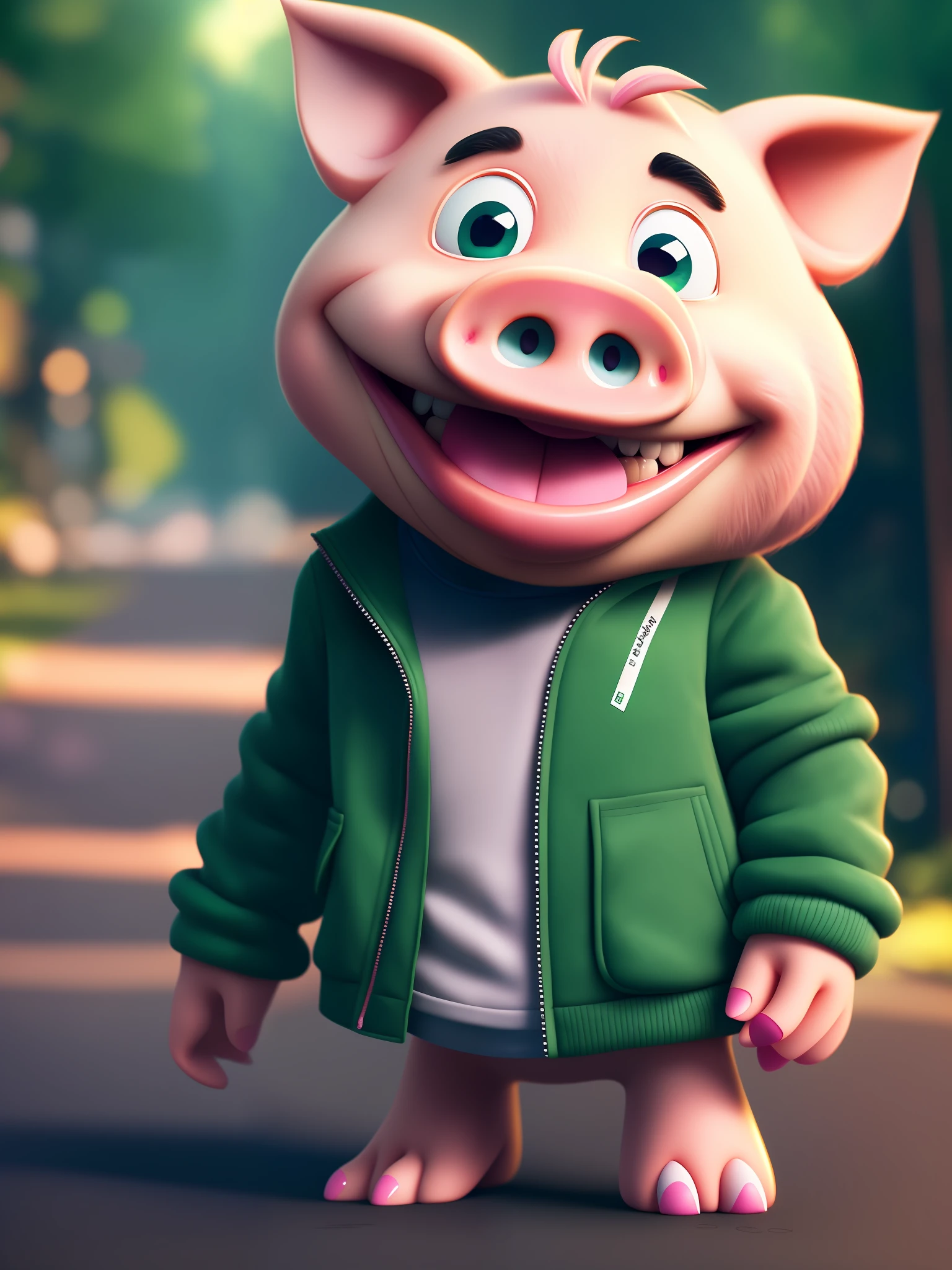 (extremely detailed CG unity 8k wallpaper, masterpiece, best quality, super detailed), cartoon, funny, cute, depth of field, cute piggy ,smiling, mascot, endless background, humanoid, cute face, green jacket, pants black, sneakers