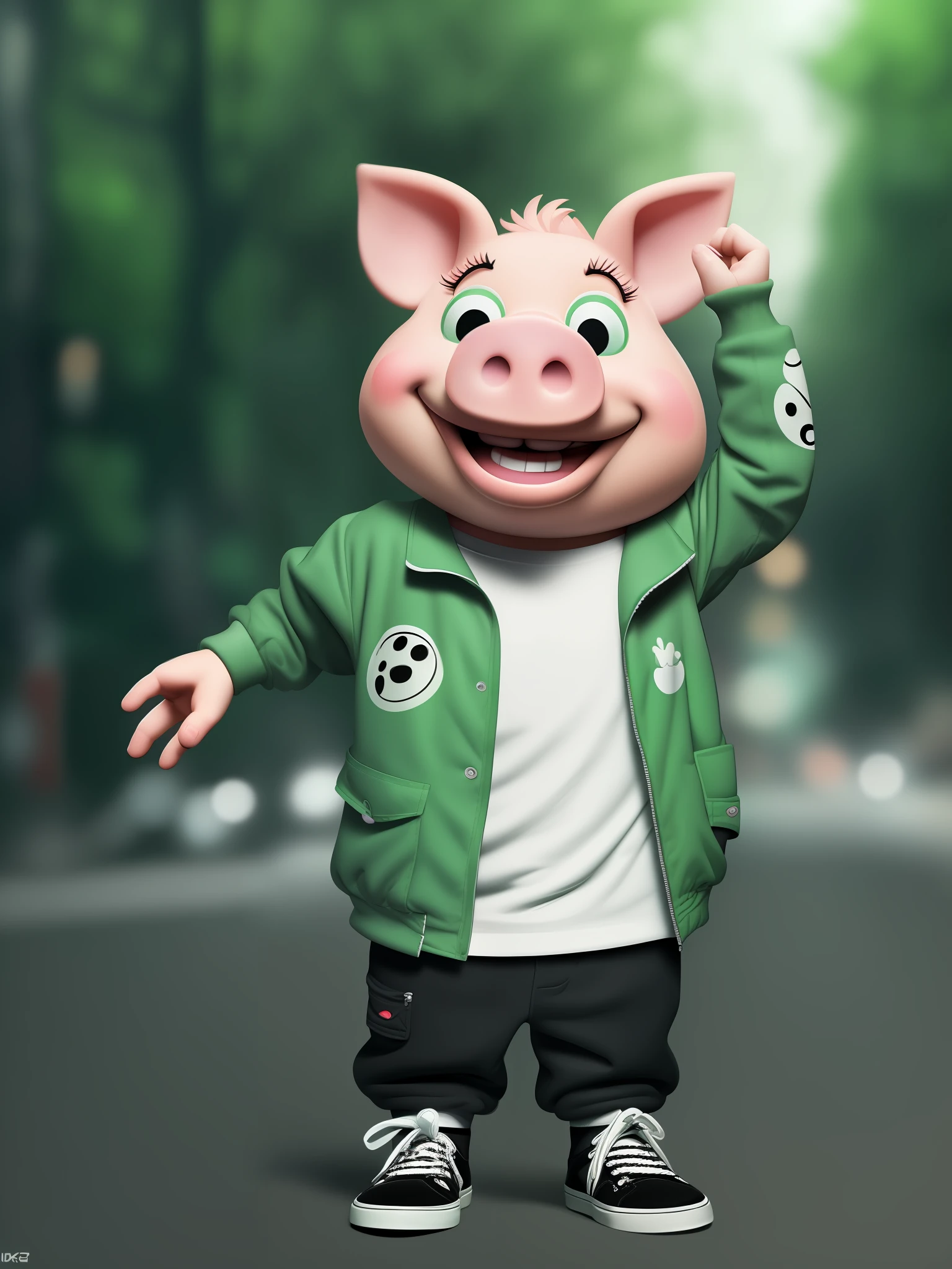 (extremely detailed CG unity 8k wallpaper, masterpiece, best quality, super detailed), cartoon, funny, cute, depth of field, cute piggy ,smiling, mascot, endless background, humanoid, cute face, green jacket, pants black, sneakers