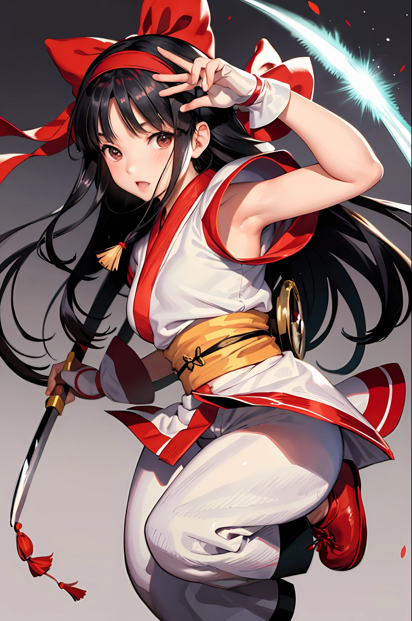 masterpiece, best quality,1girl, red bow, bow, long hair, hair bow, ainu clothes, solo, hairband, bird, black hair, fingerless gloves, short sleeves, gloves, sash, pants, bangs, red hairband, weapon, breasts, brown eyes, white pants, japanese clothes, nakoruru, light smile, officials art, good composition, sexual pose