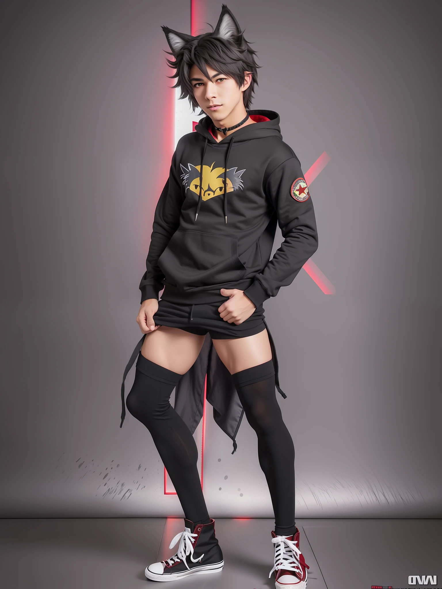 cat-boy, toned, sharp big wolf ears, wolf tail, big black messy hair, extremely vibrant red eyes, HD, masterpiece, vibrant, black converse shoes, slim dark black hoodie, full body view, neutral face, black thigh socks, combat boots.