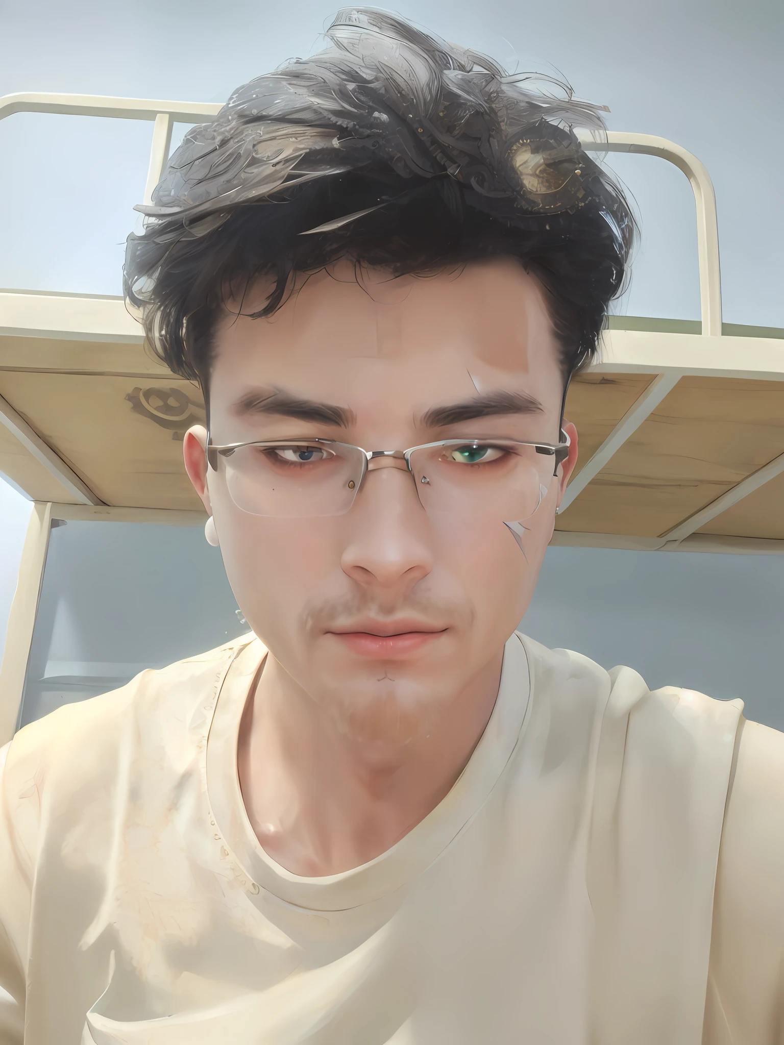 masterpiece, high quality, 3d, 8k cg, intricate details, detailed background, sacred. ornaments, byDylanKowalski,
1boy, upper body, muscular, beautiful detailed eyes, beard, scar on face, skindentation, looking to the side, short hair, prosthesis,
bronze, brass, titanium, diamond, ruby, sapphire, gemstones, silver, pearl, holographic, steampunk, clockwork, grunge, worn edges, desolving, armor, synthetic,