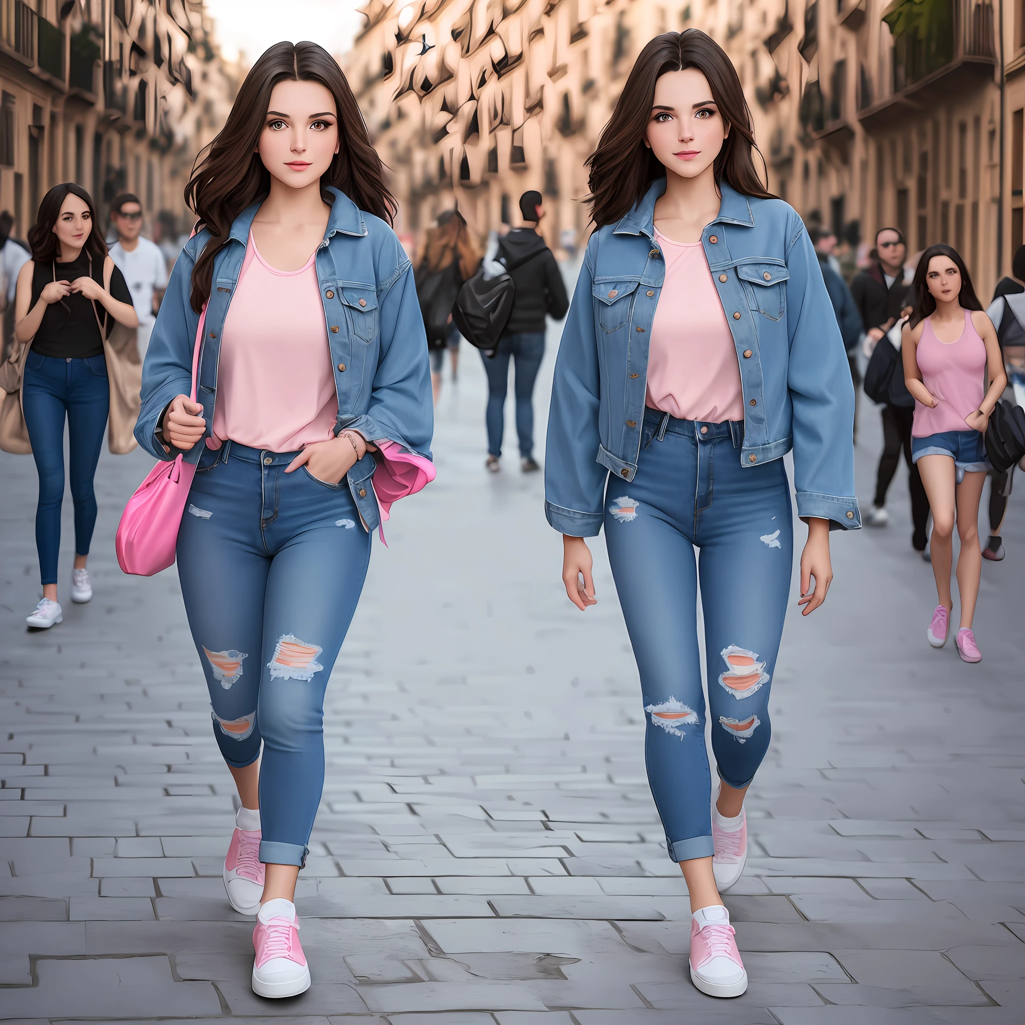 ground camera view of a full head to feet view, full head showing, brunette browneyed woman walking down the street in Madrid, wearing denim jacket bluejeans and pink tank top with white sneakers, ultra detailed face, 32k resolution, best quality