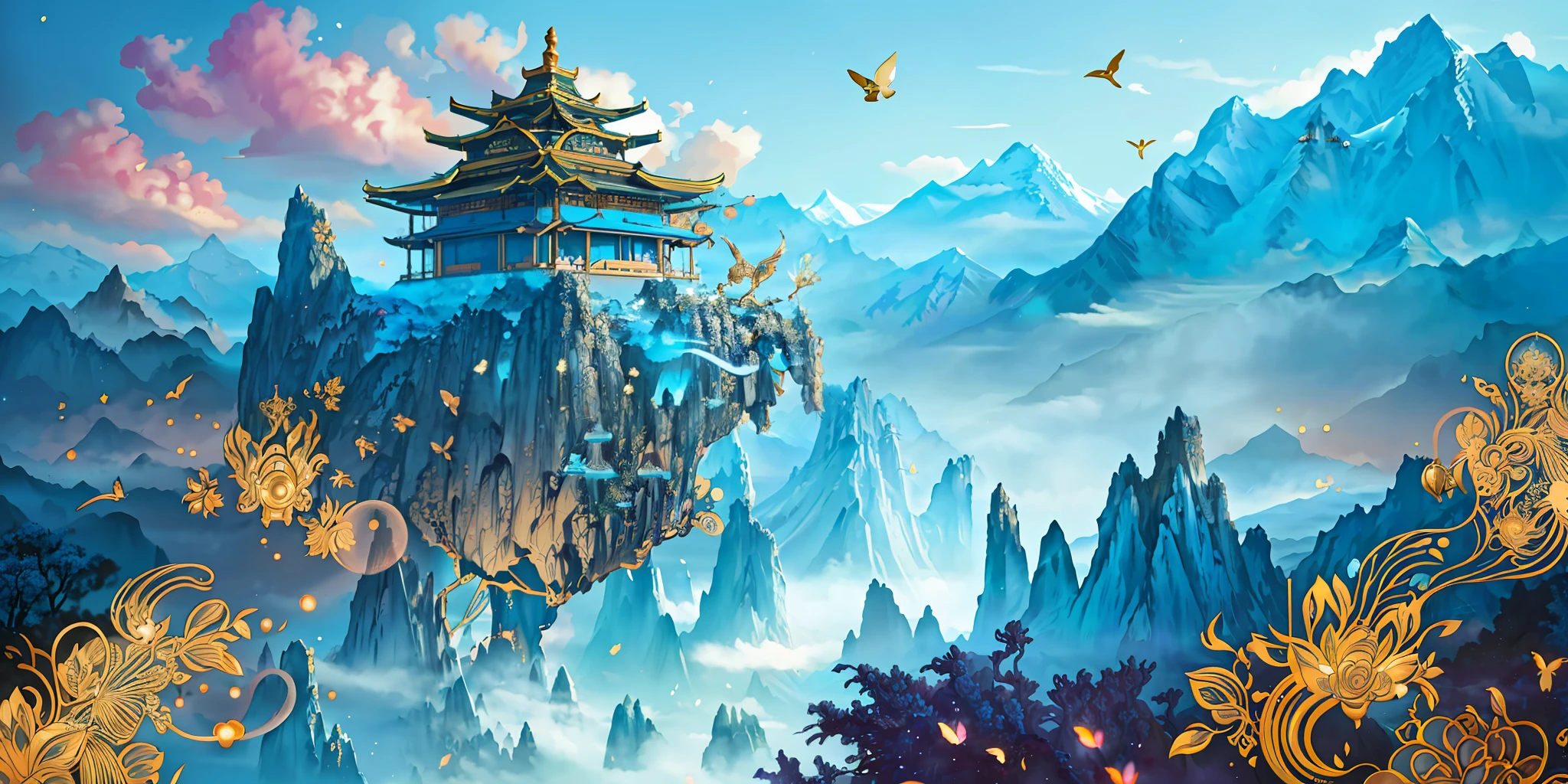 an image of an asian landscape with mountains and birds in the air, in the style of fantastical otherworldly visions, light cyan and gold, intricately mapped worlds, hyperrealistic illustrations, romanticized cityscapes, detailed character illustrations, organic shapes and curved lines, --v6