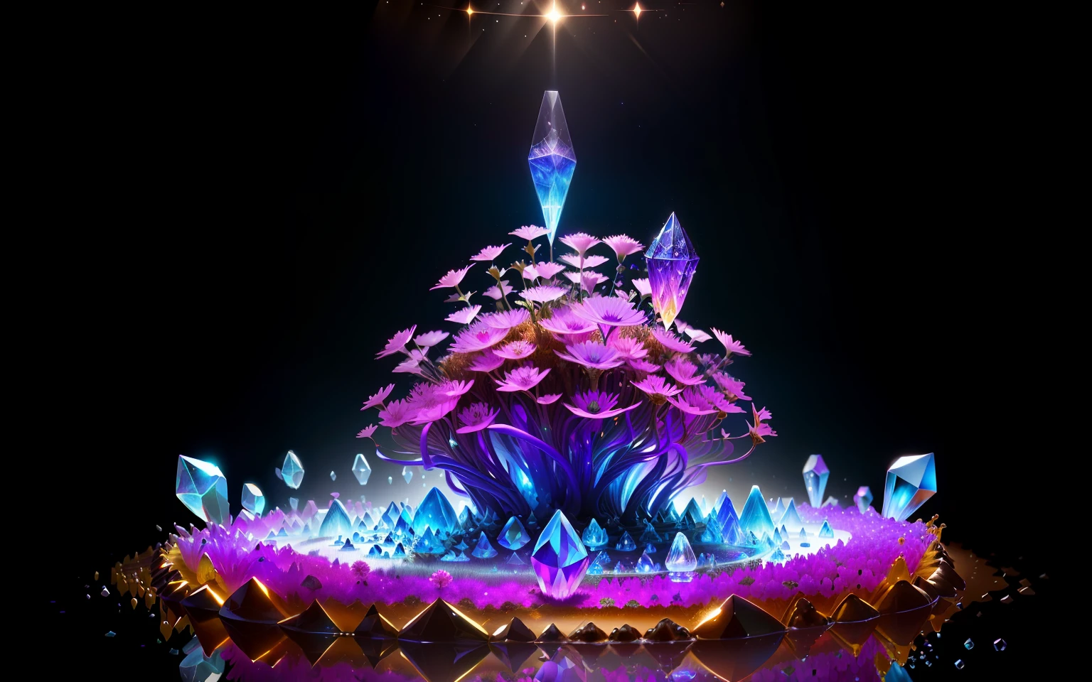 Glass anthill, inside ants with crystal bellies, fantasy style, background flowers, highlights, high resolution, magic 3D