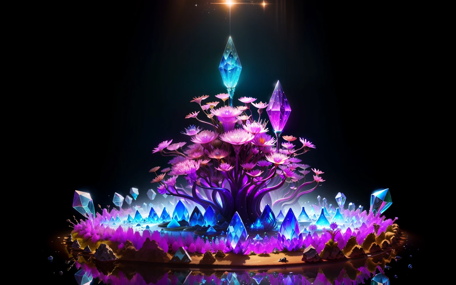Glass anthill, inside ants with crystal bellies, fantasy style, background flowers, highlights, high resolution, magic 3D
