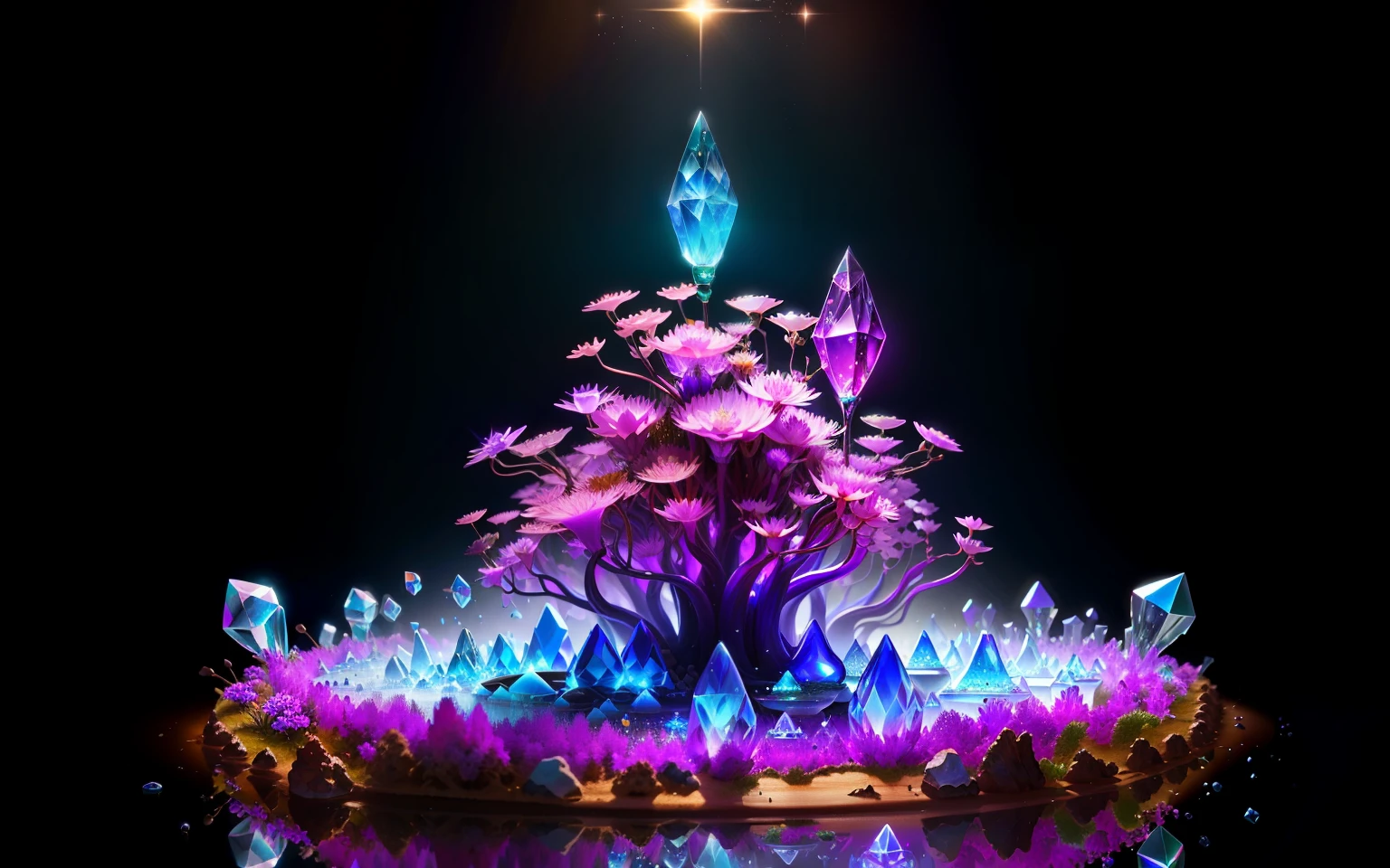 Glass anthill, inside ants with crystal bellies, fantasy style, background flowers, highlights, high resolution, magic 3D