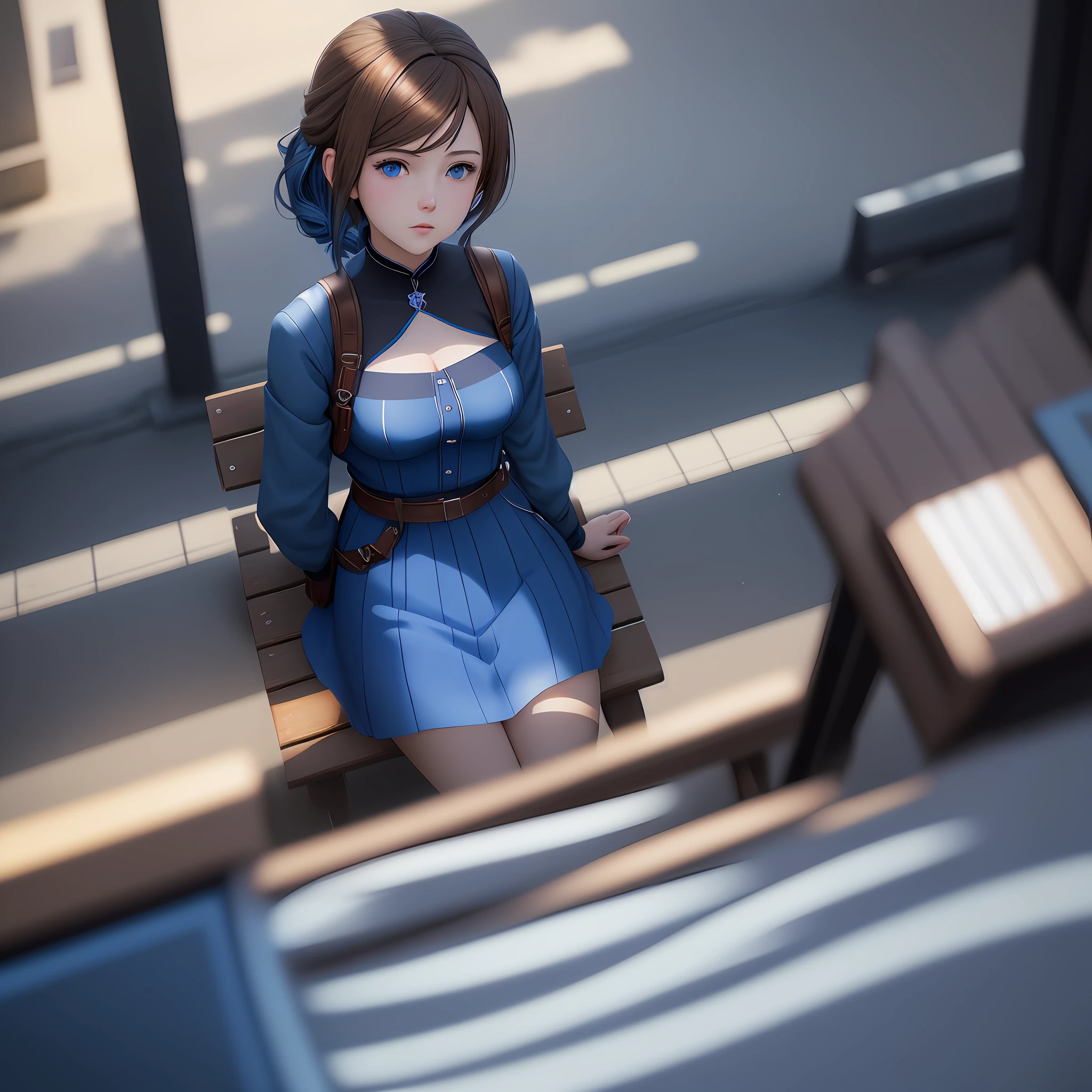 anime girl with brown hair and blue eyes sitting on a bench, 1girl, smooth anime cg art, realistic anime 3 d style, photorealistic anime girl render, realistic anime artstyle, anime realism style, photorealistic anime, digital anime illustration, painted in anime painter studio, 3d anime realistic, kawaii realistic portrait, made with anime painter studio, digital anime art, blue hair, dark blue hair, dilated pupils, Surrealism, Conceptual art, Romanticism, Hyperrealism, Suprematism, drop shadow, blending, glowing light, backlighting, framed, character chart, UHD, retina, masterpiece, super detail, high details, high quality, award winning, best quality