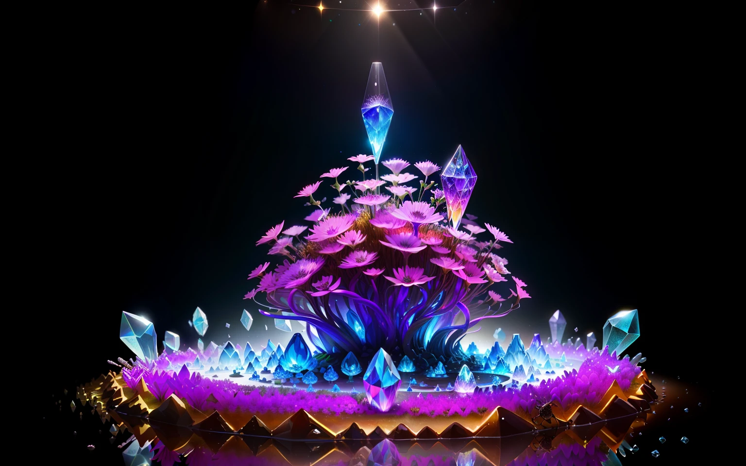 Glass anthill, inside ants with crystal bellies, fantasy style, background flowers, highlights, high resolution, magic 3D