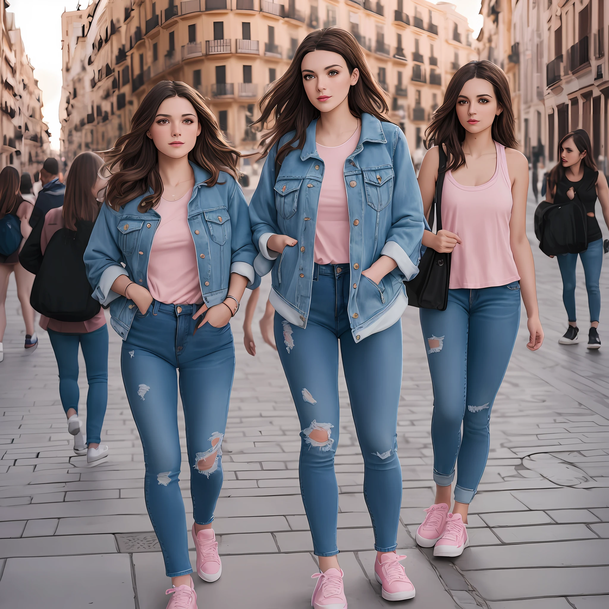 ground level camera, very low angle of a full head to feet view, full head showing, brunette browneyed woman walking down the street in Madrid, wearing denim jacket bluejeans and pink tank top with white sneakers, ultra detailed face, 32k resolution, best quality