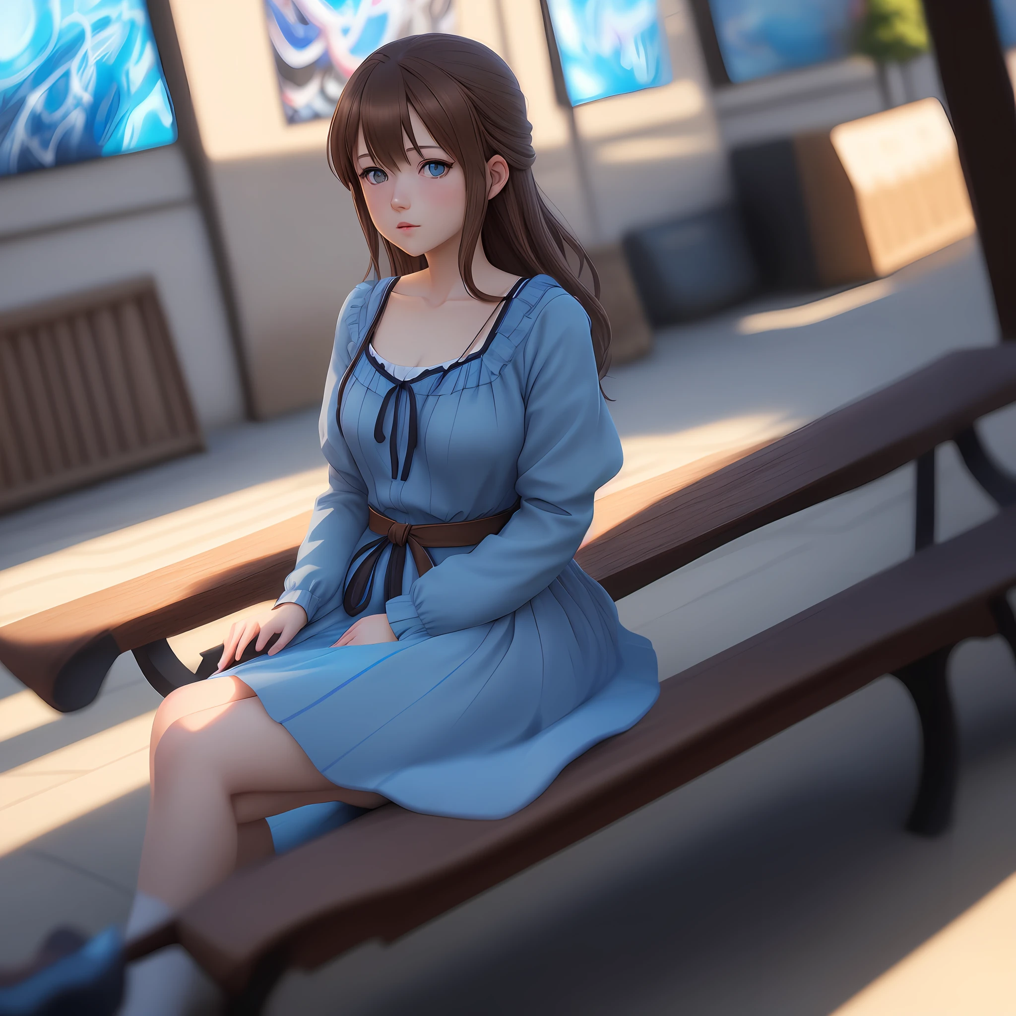 anime girl with brown hair and blue eyes sitting on a bench, 1girl, smooth anime cg art, realistic anime 3 d style, photorealistic anime girl render, realistic anime artstyle, anime realism style, photorealistic anime, digital anime illustration, painted in anime painter studio, 3d anime realistic, kawaii realistic portrait, made with anime painter studio, digital anime art, blue hair, dark blue hair, dilated pupils, Surrealism, Conceptual art, Romanticism, Hyperrealism, Suprematism, drop shadow, blending, glowing light, backlighting, framed, character chart, UHD, retina, masterpiece, super detail, high details, high quality, award winning, best quality