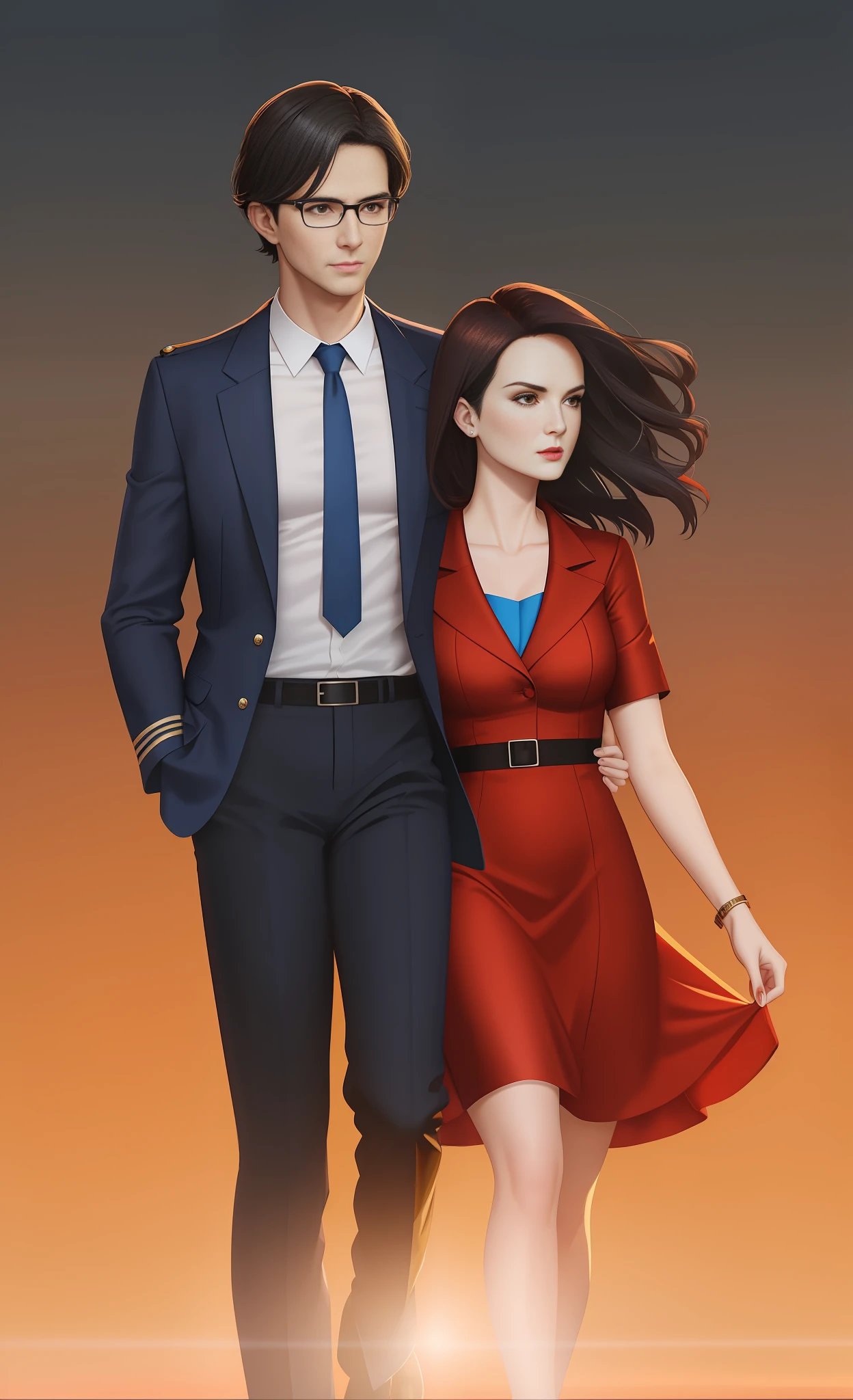 Michelle Dockery in a straight blue red dress with dark hair with a bob haircut, Jason Butler Harner as a pilot in glasses with dark hair, a white shirt, a black jacket with yellow pilot stripes on the sleeves, black pants