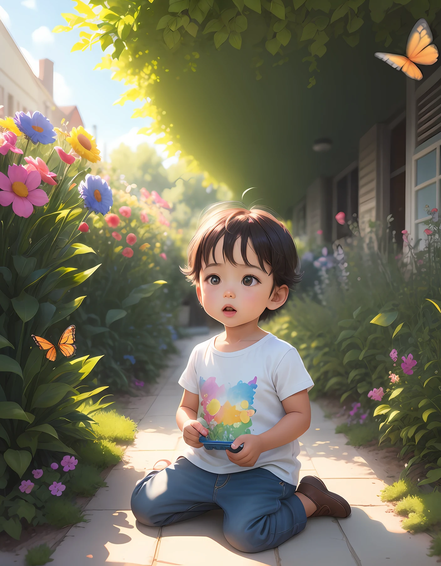 At the bottom of the screen, There is a very cutelittle 2 boy, Toy airplane in hand, in the sunny garden, surrounded by many colorful butterflies and manyflowers, watercolor texture style, popmart blind box.clay material, bright background, award - winning, LED3d art, Pixar trend, surreal, octane rendering, complexdetails, animation lighting, depth of fieldray tracing, illustration, c4d