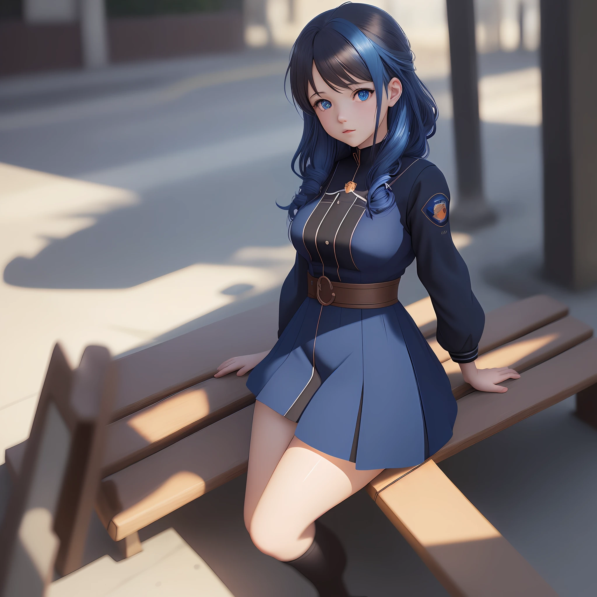 anime girl with brown hair and blue eyes sitting on a bench, smooth anime cg art, realistic anime 3 d style, photorealistic anime girl render, realistic anime artstyle, anime realism style, photorealistic anime, digital anime illustration, painted in anime painter studio, 3d anime realistic, kawaii realistic portrait, made with anime painter studio, digital anime art, blue hair, dark blue hair, dilated pupils, Surrealism, Conceptual art, Romanticism, Hyperrealism, Suprematism, drop shadow, blending, glowing light, backlighting, framed, character chart, UHD, retina, masterpiece, super detail, high details, high quality, award winning, best quality