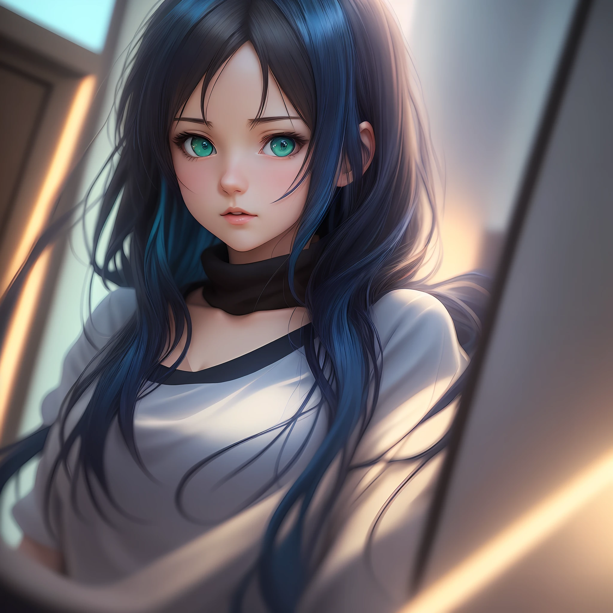 anime girl with brown hair and green eyes, 1girl, smooth anime cg art, realistic anime 3 d style, photorealistic anime girl render, realistic anime artstyle, anime realism style, photorealistic anime, digital anime illustration, painted in anime painter studio, 3d anime realistic, kawaii realistic portrait, made with anime painter studio, digital anime art, blue hair, dark blue hair, dilated pupils, Surrealism, Conceptual art, Romanticism, Hyperrealism, Suprematism, drop shadow, blending, glowing light, backlighting, framed, character chart, UHD, retina, masterpiece, super detail, high details, high quality, award winning, best quality