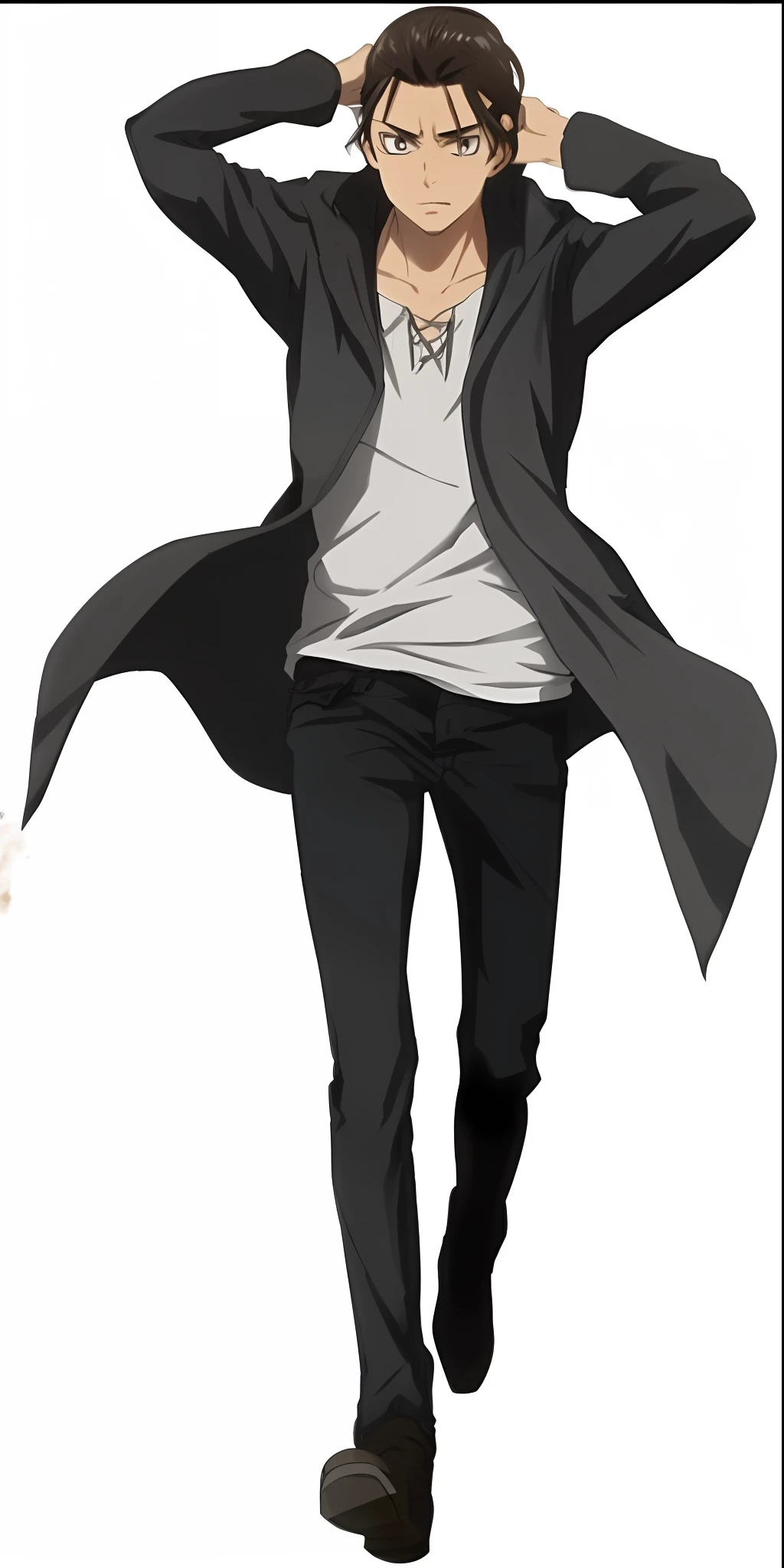 best quality, Eren Jaeger, black jeans, black pants, brown hair, manbun, attack on Titan, black jacket, high definition, high quality, black clothes, walking towards screen