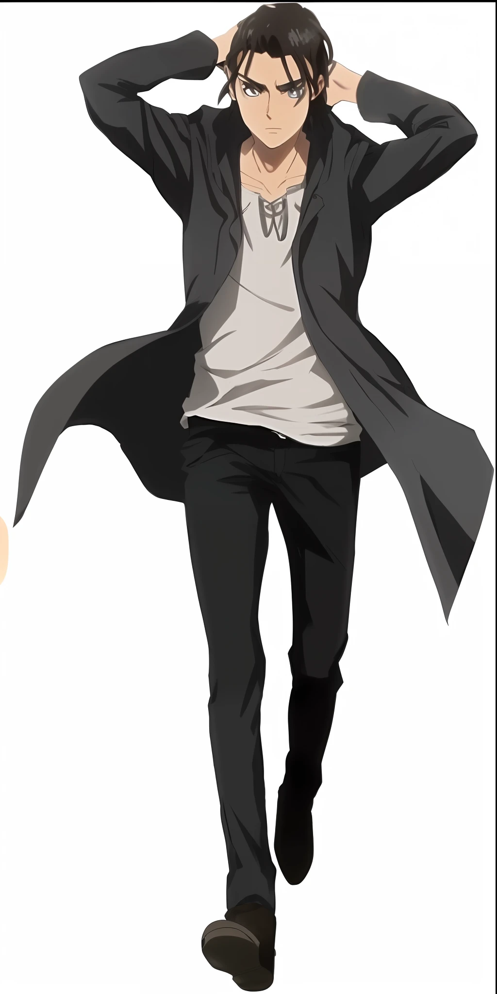 best quality, Eren Jaeger, black jeans, black pants, brown hair, manbun, attack on Titan, black jacket, high definition, high quality, black clothes, walking towards screen