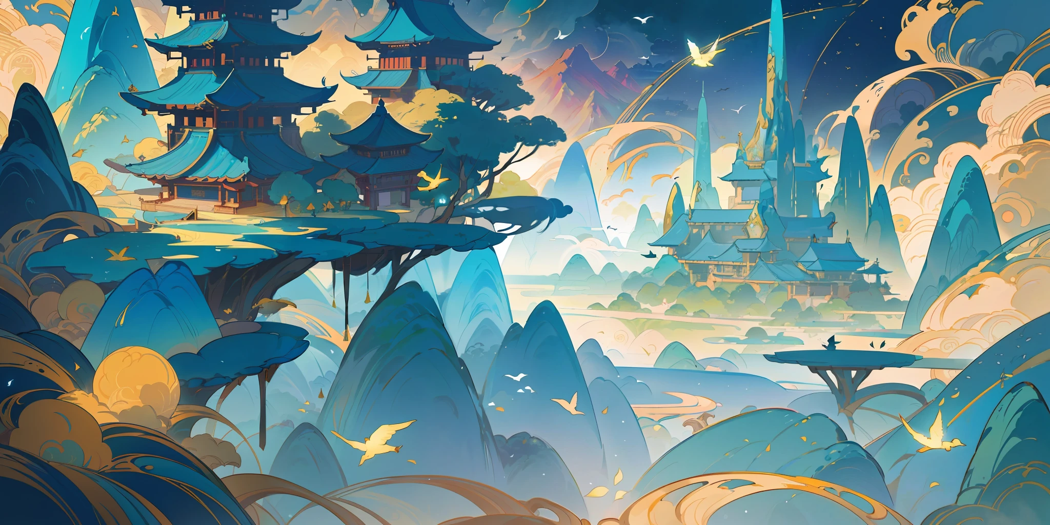 an image of an asian landscape with mountains and birds in the air, in the style of fantastical otherworldly visions, light cyan and gold, intricately mapped worlds, hyperrealistic illustrations, romanticized cityscapes, detailed character illustrations, organic shapes and curved lines, --v6