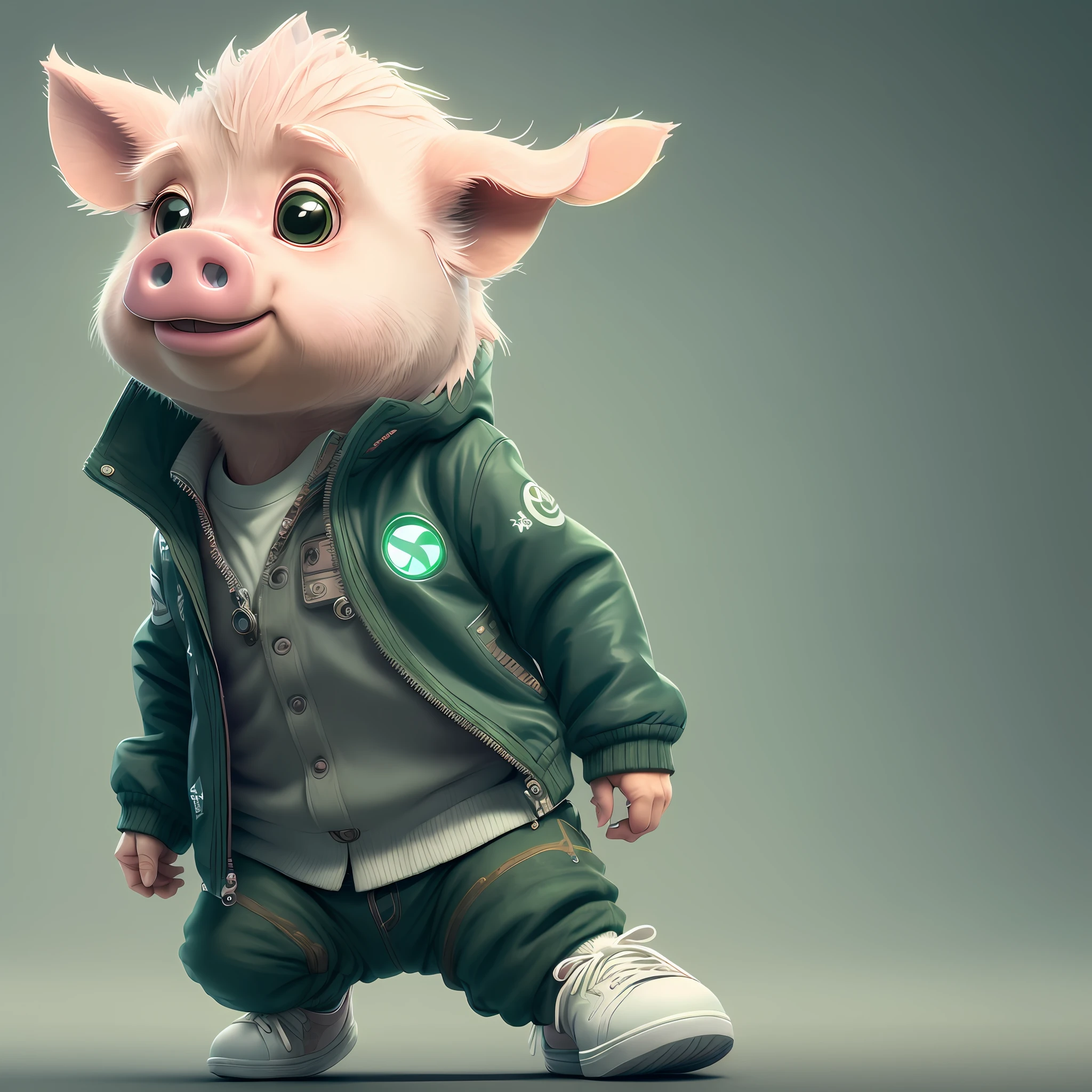 (extremely detailed CG unity 8k wallpaper, masterpiece, best quality, super detailed), cute, dynamic angle, cute piggy, mascot, infinity background, humanoid, cute face, green jacket, black pants, sneakers,