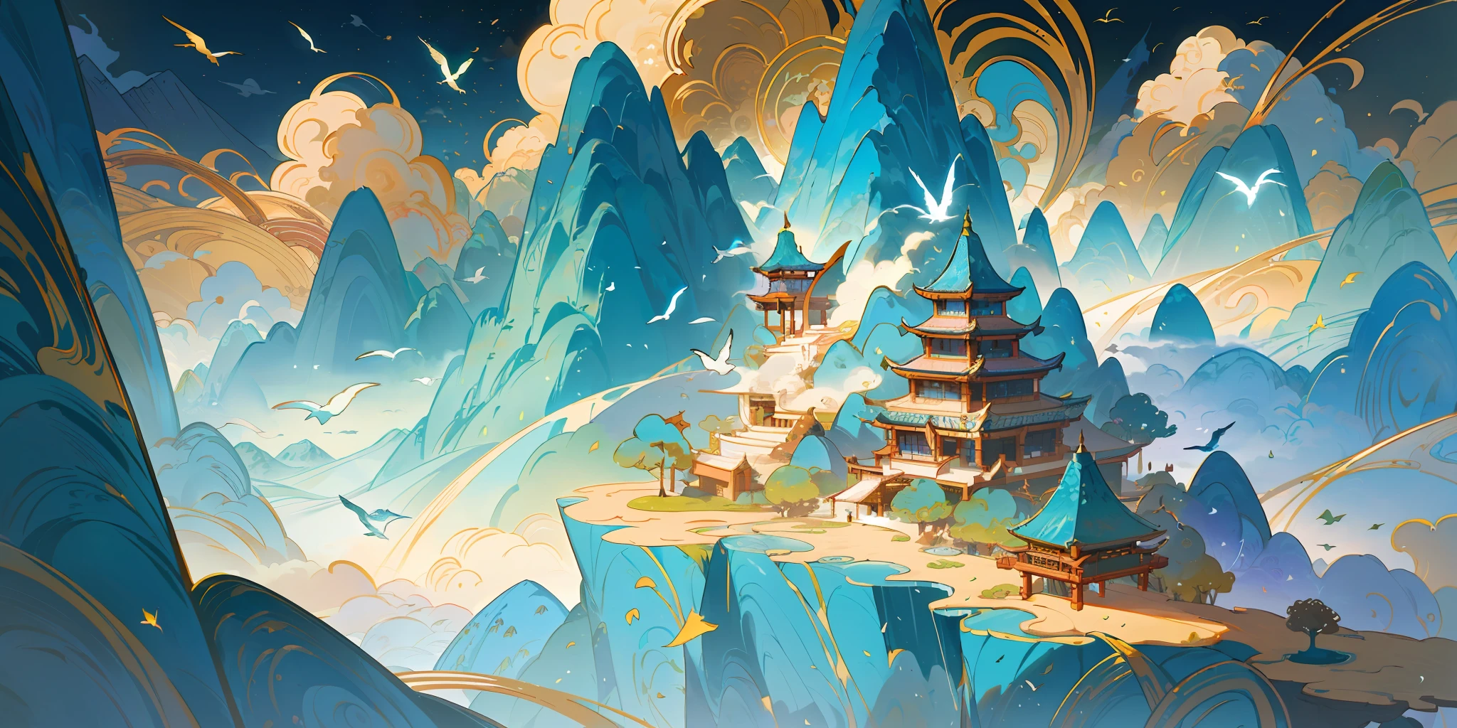 an image of an asian landscape with mountains and birds in the air, in the style of fantastical otherworldly visions, light cyan and gold, intricately mapped worlds, hyperrealistic illustrations, romanticized cityscapes, detailed character illustrations, organic shapes and curved lines, --v6