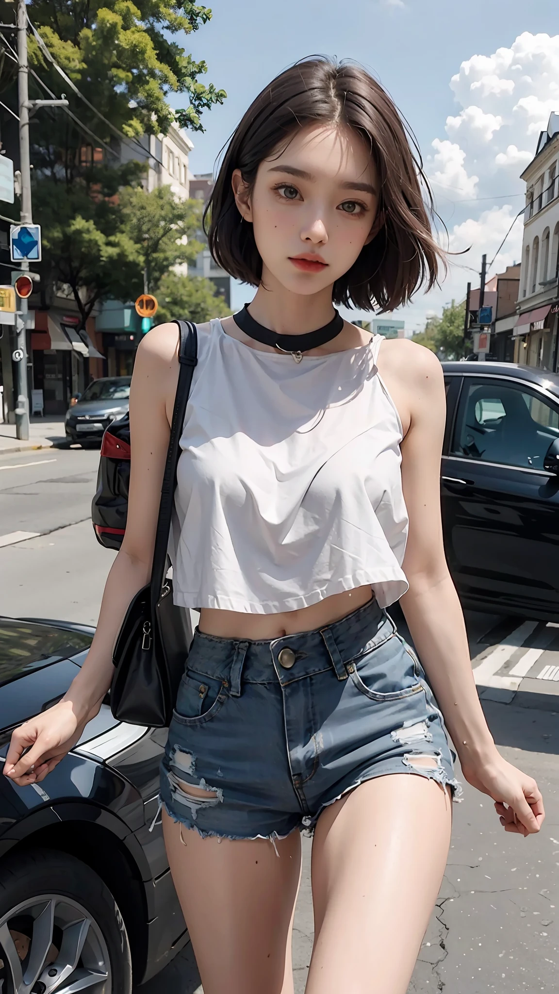 Beautiful woman, wearing top, short shorts, ride