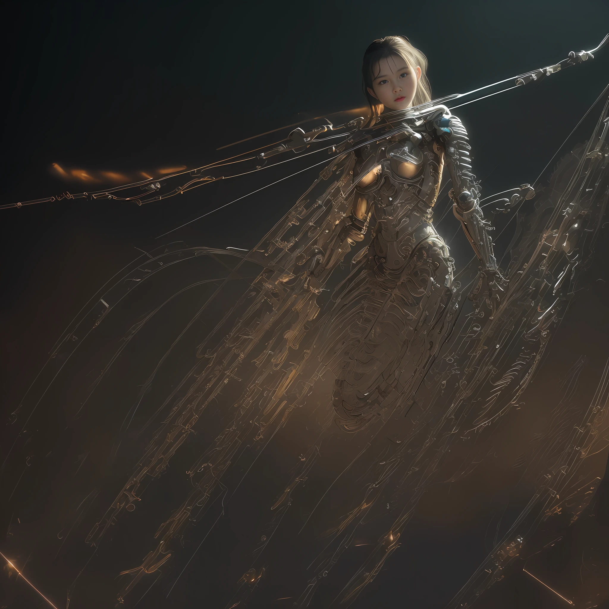 (machine made joints), mechanical limbs, blood vessels connected to tubes, (mechanical cervical attaching to neck), wires and cables attaching to neck and body, (1mechanical girl), (((full body))),(masterpiece,best quality:1.3), (ultra-detailed:1.3), (highly detailed CG illustration), (an extremely delicate and beautiful), (highly detailed worn metal texture:1.3), (((cinematic look))), cinematic light, RAW photo, character focus, science fiction, (movie scene), full shot, epic dynamic frame, dynamic pose, motion blur, sci-fi, cyber, rim light, film grain, natural skin texture,
