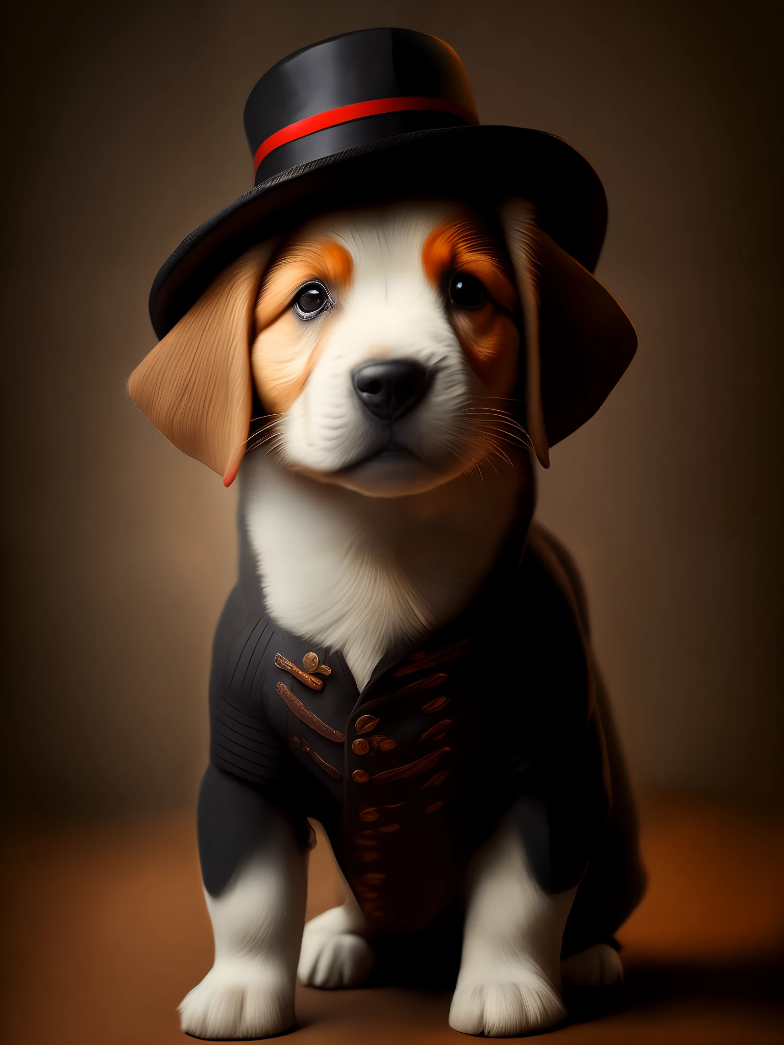 Portrait, cute puppy wearing beefeater clothes, low light, moody