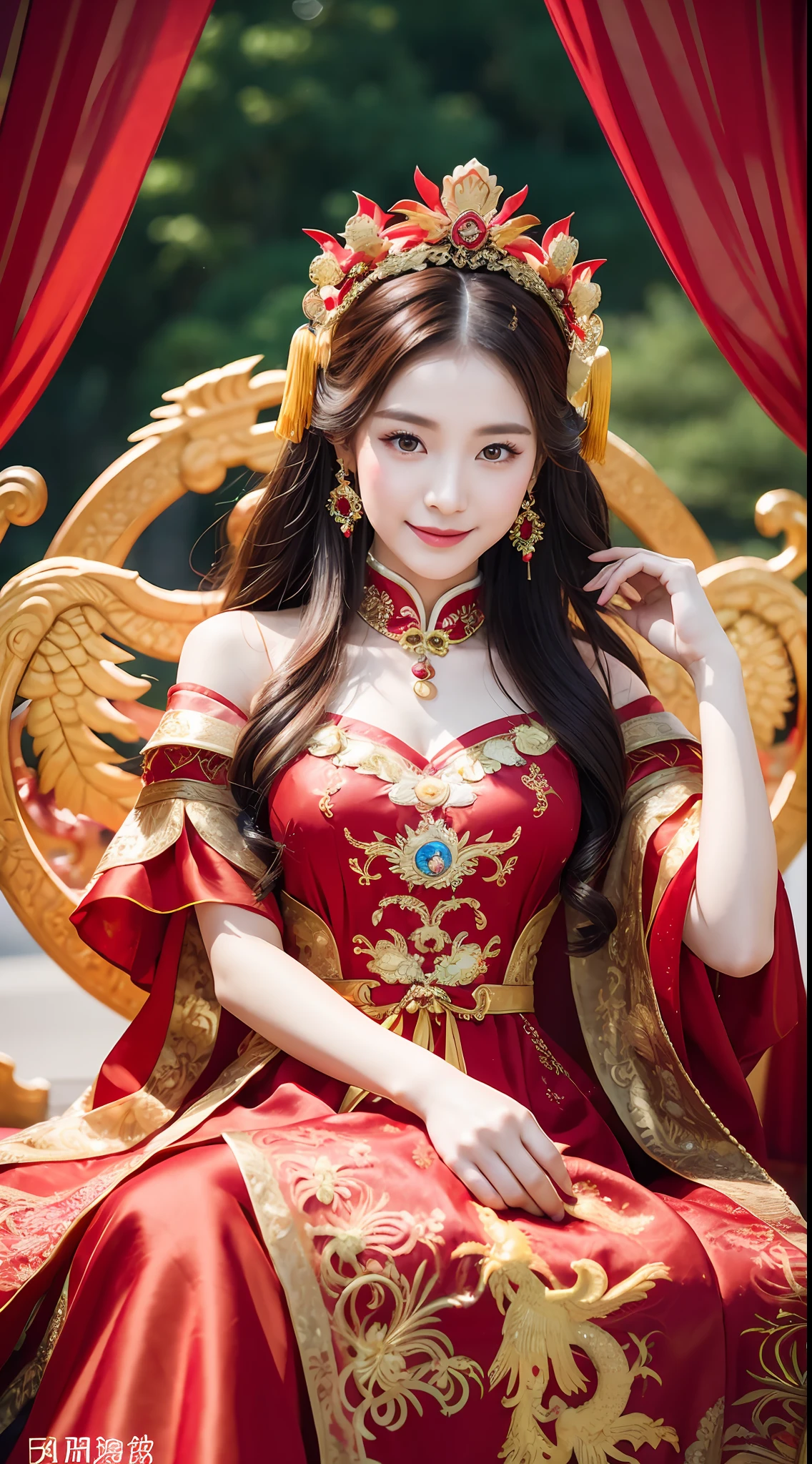 (8k, RAW Photo, Best Quality, Masterpiece: 1.2), (Realistic, Realistic: 1.37), 1 Girl, Woman in Red Dress and Headdress Posing for Photo, Gorgeous Role Play, Beautiful Costume, Chinese Dress, Complex Dress, Complex Costume, Traditional Beauty, Gorgeous Chinese Model, Chinese Costume, Wearing Gorgeous Costume, Wearing Elegant Chinese Xiuhe Dress, Chinese Wedding Dress, Phoenix Crown Xia Hanging, Antique Bride, Xiuhe Costume, Close Up, Wearing Phoenix Crown, Smile, No Watermark, Dragon and phoenix embroidered dress