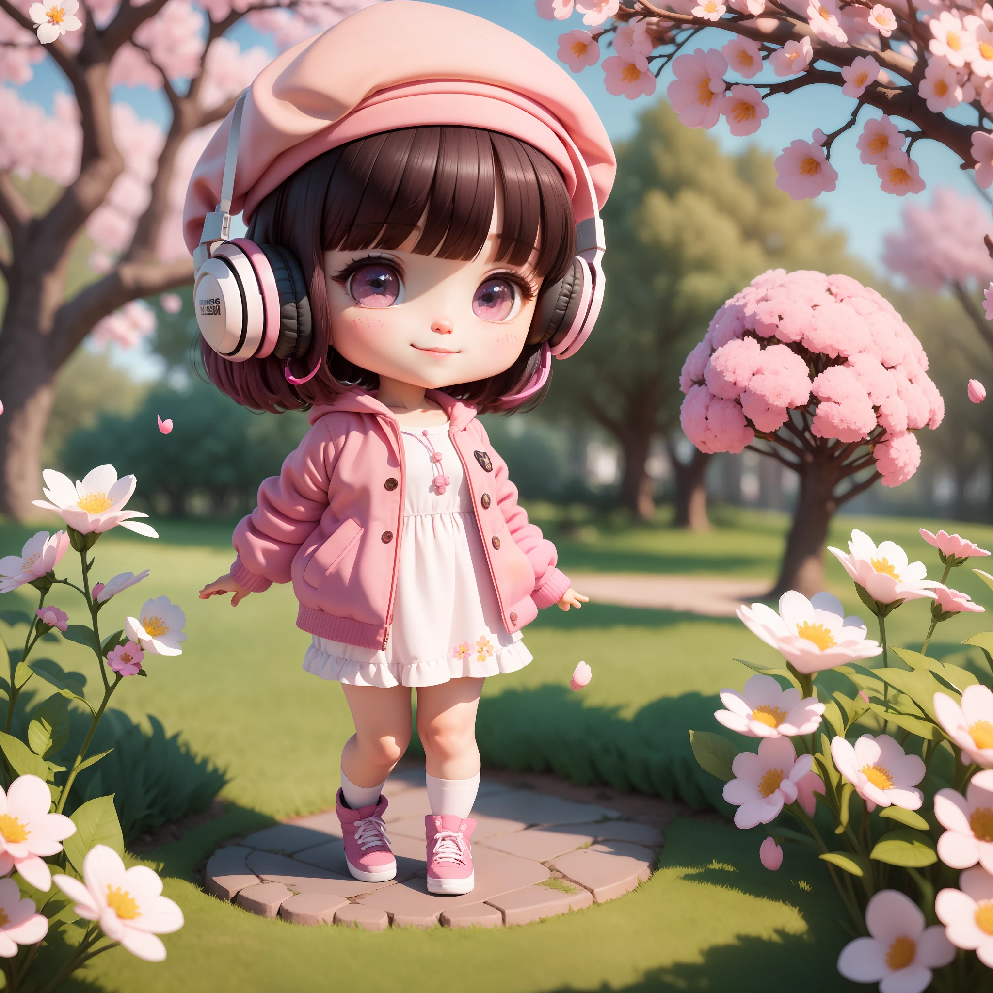 (masterpiece),(best quality),(ultra-detailed), (full body:1.2), 1girl,chibi,cute, smile,flower, outdoors, holding microphone, music, beret, jacket, blush, tree, :3, shirt, short hair, cherry blossoms, pink headwear, blurry, black hair, blush stickers, long sleeves, bangs, headphones, pink flower, (beautiful detailed face), (beautiful detailed eyes),