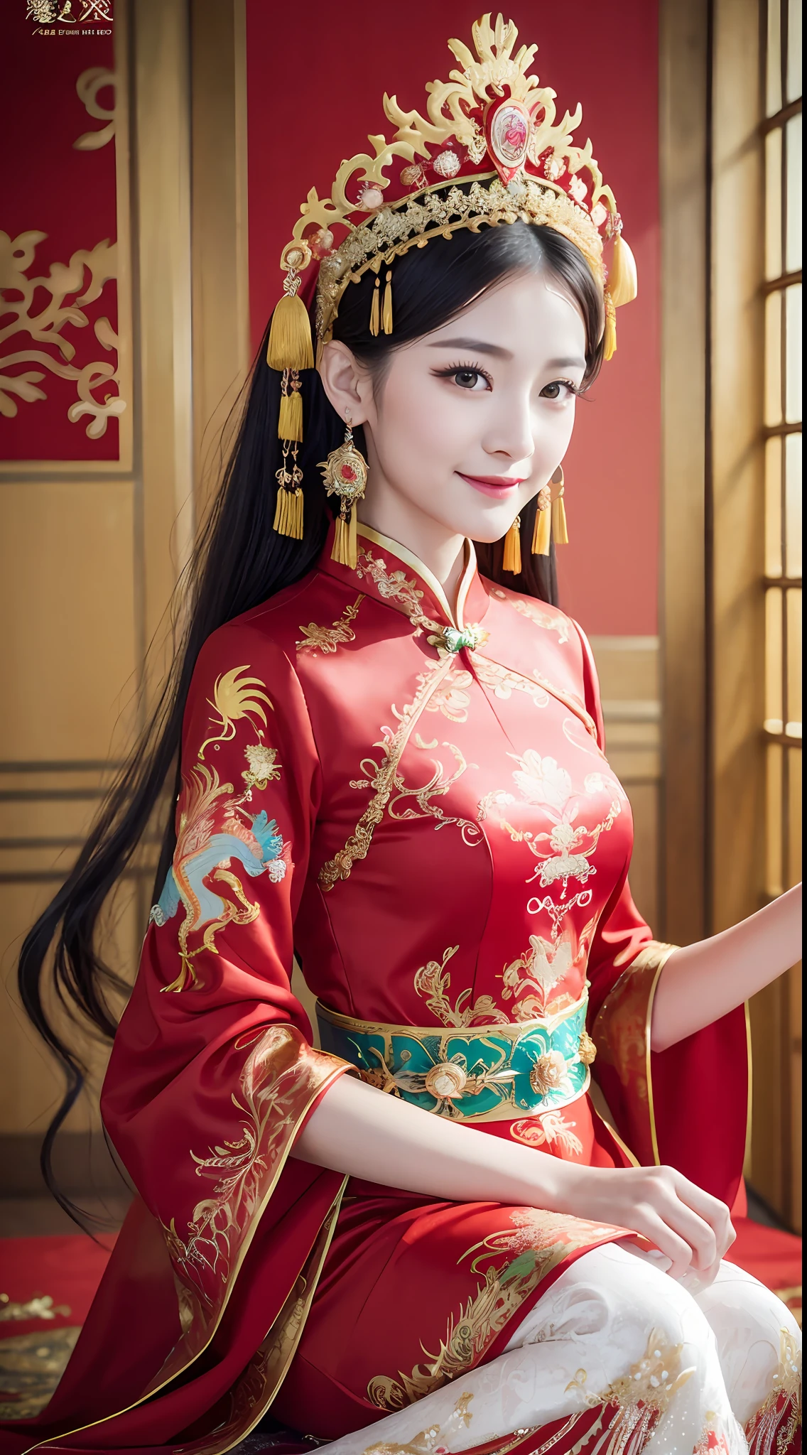 (8k, RAW Photo, Best Quality, Masterpiece: 1.2), (Realistic, Realistic: 1.37), 1 Girl, Woman in Red Dress and Headdress Posing for Photo, Gorgeous Role Play, Beautiful Costume, Chinese Dress, Complex Dress, Complex Costume, Traditional Beauty, Gorgeous Chinese Model, Chinese Costume, Wearing Gorgeous Costume, Wearing Elegant Chinese Xiuhe Dress, Chinese Wedding Dress, Phoenix Crown Xia Hanging, Antique Bride, Xiuhe Costume, Close Up, Wearing Phoenix Crown, Smile, No Watermark, Dragon and phoenix embroidered dress