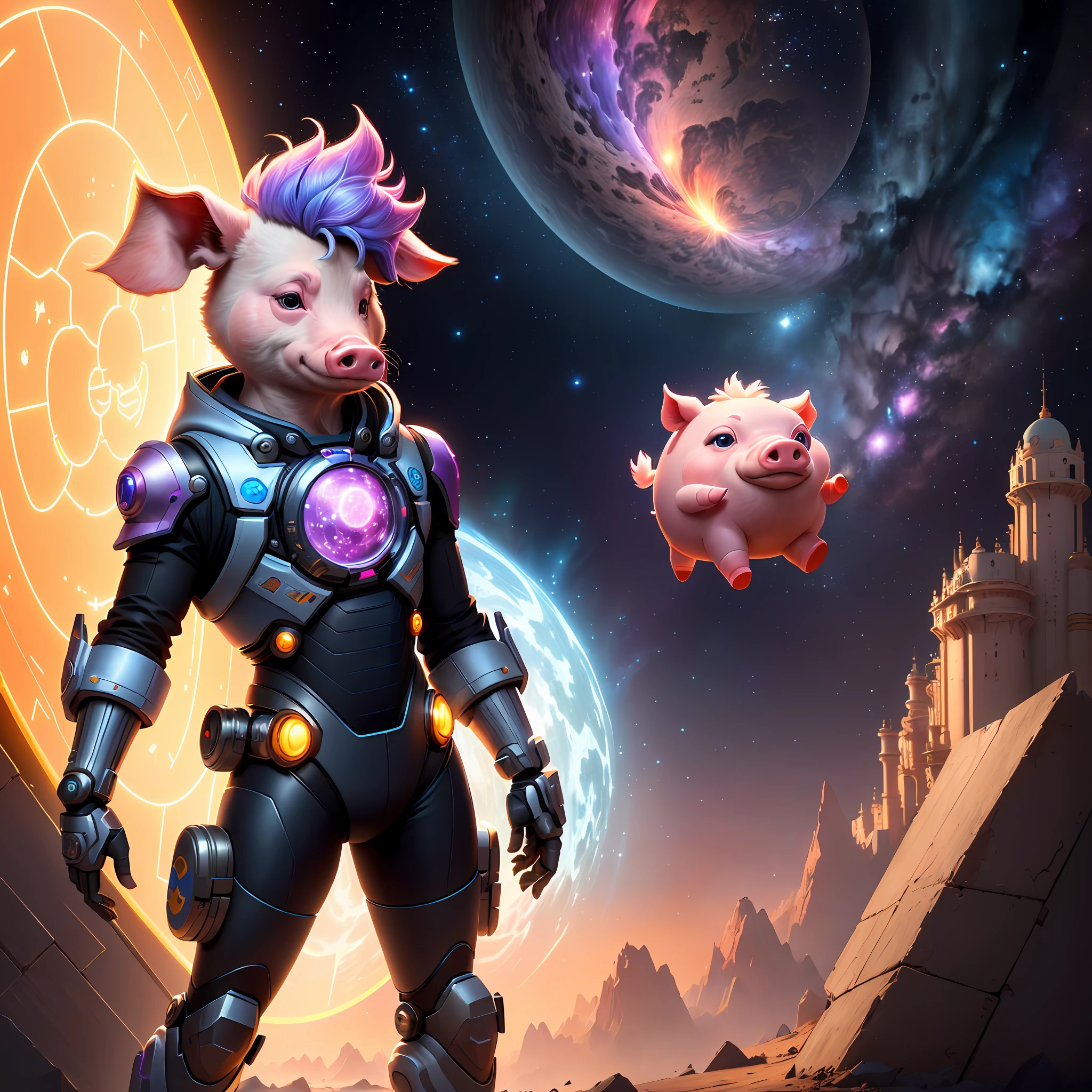 A pig boy, magical, anthropomorphic, dressed in a futuristic machine and carrying a mechanical weapon, with a colorful universe in the background. Pixar Animation, funky blind box, OC render, Ray-tracing, high quality, high detail, high res, 8k, bust size