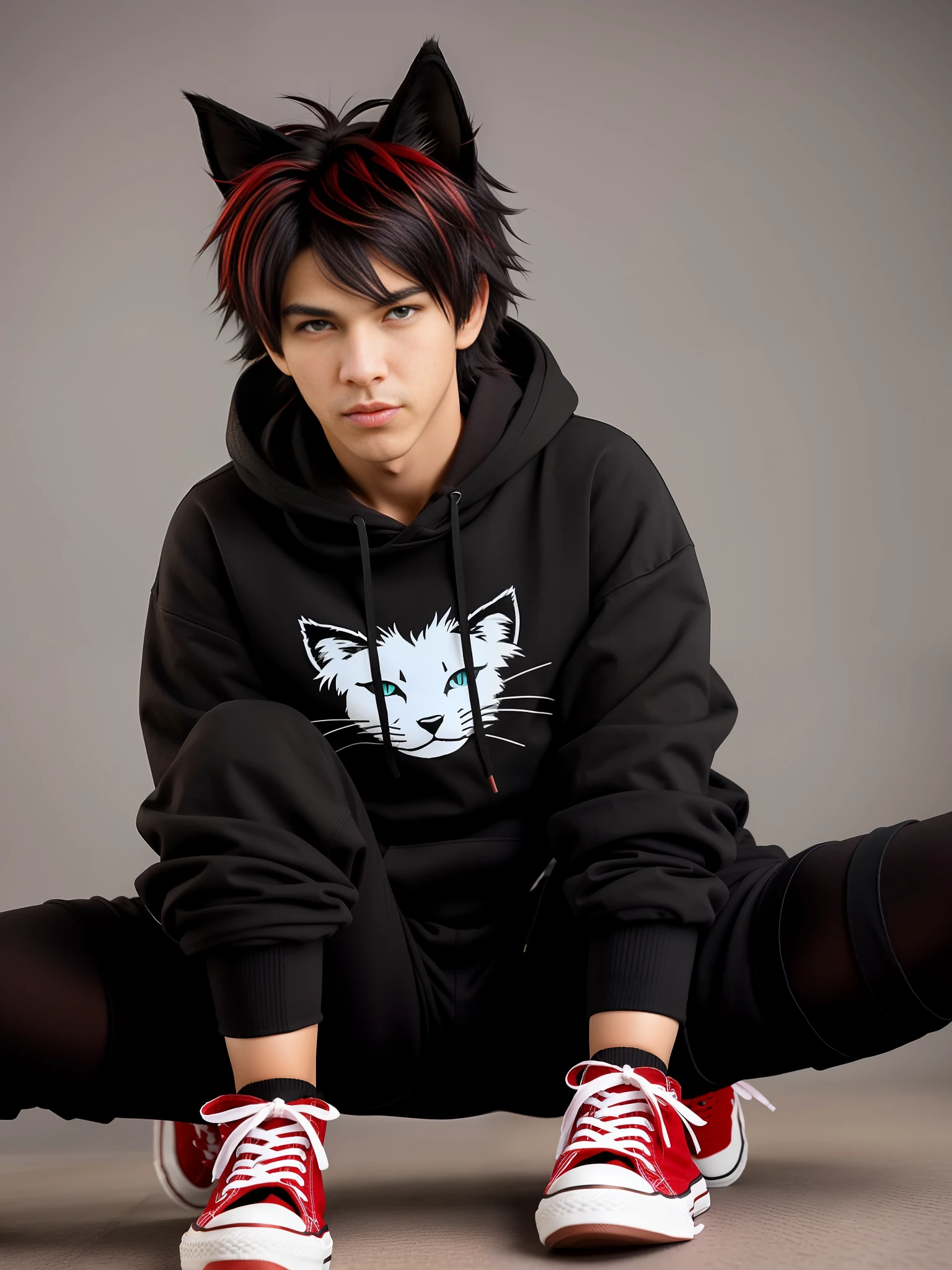 cat-boy, toned, sharp big wolf ears, wolf tail, big black messy hair, extremely vibrant red eyes, HD, masterpiece, vibrant, black converse shoes, slim dark black hoodie, full body view, neutral face, black thigh socks, combat boots.