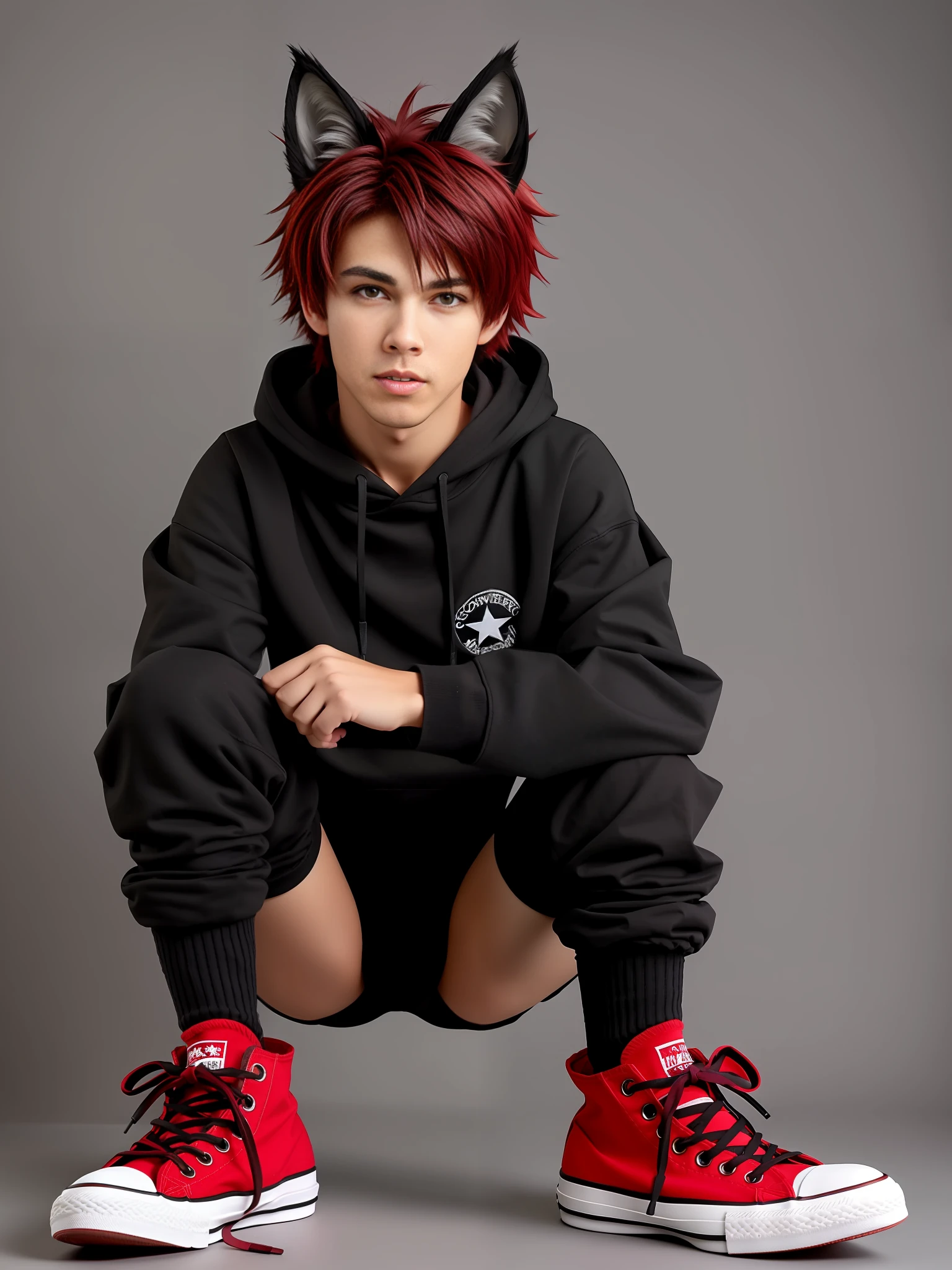 cat-boy, toned, sharp big wolf ears, wolf tail, big black messy hair, extremely vibrant red eyes, HD, masterpiece, vibrant, black converse shoes, slim dark black hoodie, full body view, neutral face, black thigh socks, combat boots.