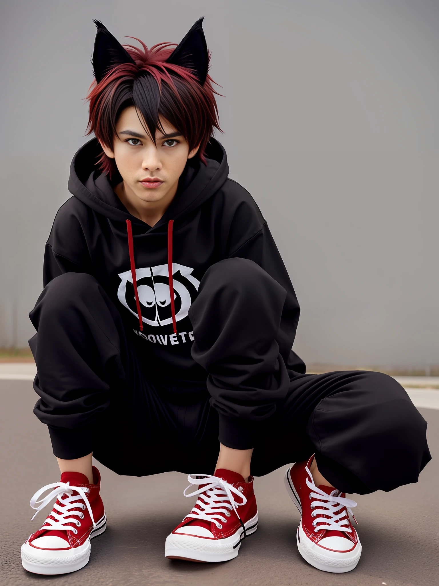 cat-boy, toned, sharp big wolf ears, wolf tail, big black messy hair, extremely vibrant red eyes, HD, masterpiece, vibrant, black converse shoes, slim dark black hoodie, full body view, neutral face, black thigh socks, combat boots.