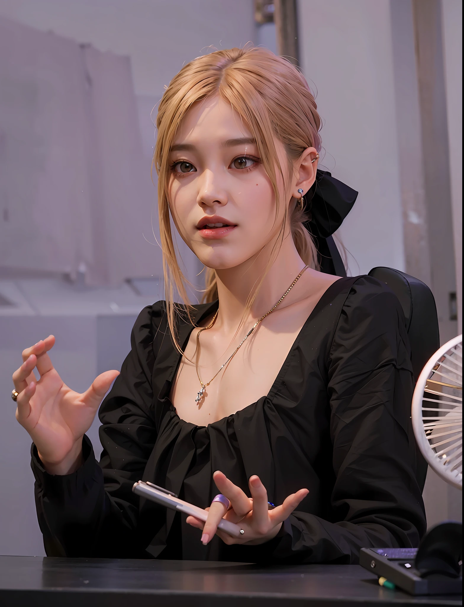 there is a woman that is sitting at a table with a fan, roseanne park of blackpink, jossi of blackpink, portrait of jossi of blackpink, sun yunjoo, lalisa manoban of blackpink, jaeyeon nam, heonhwa choe, jia, junko enoshima, jinyoung shin, lee ji-eun, lee ji - eun,whit a smile