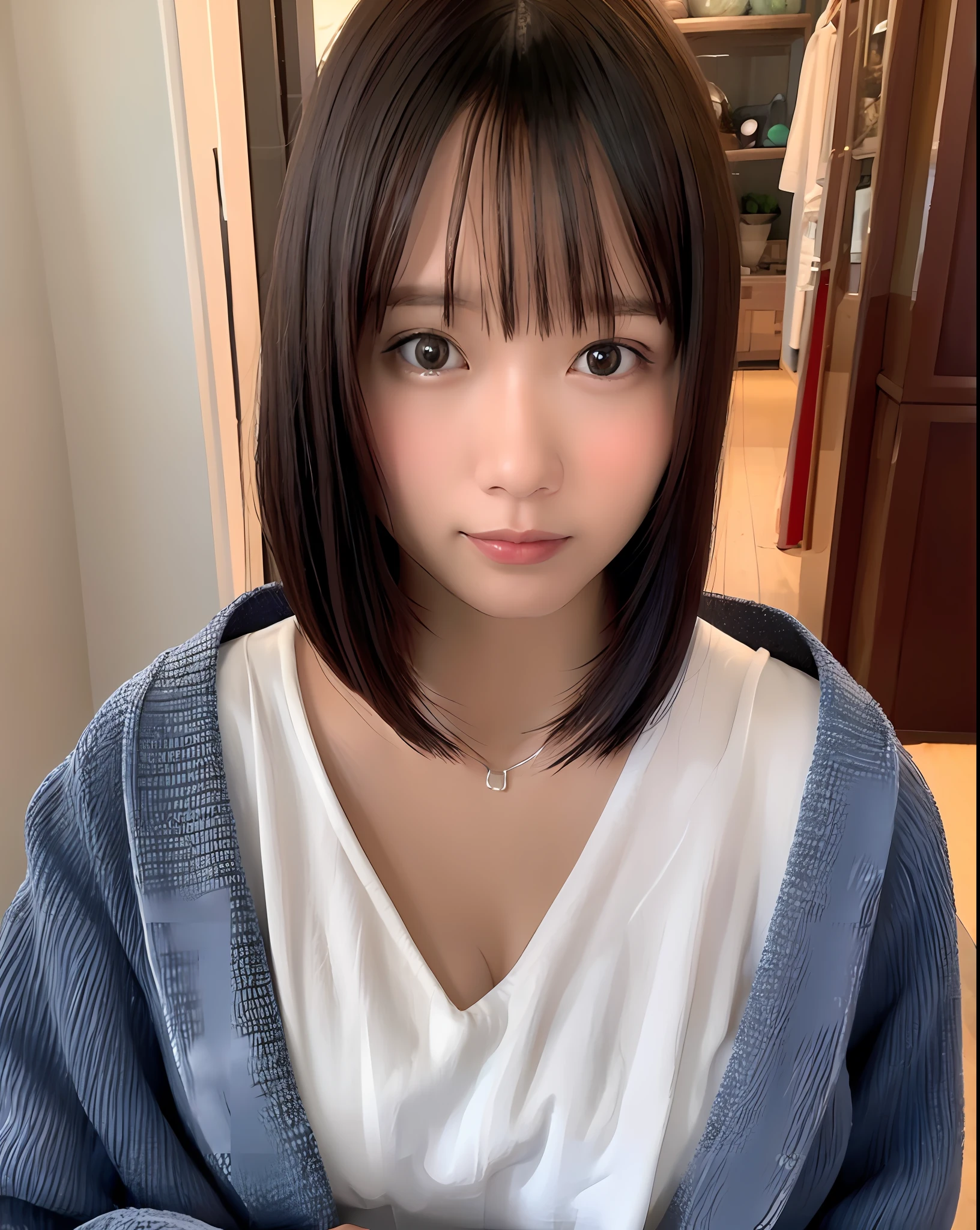 best quality, photorealistic, 8k, high res, 1girl, woman, (skindentation), (professional lighting), (portrait:0.6), (sailor school uniform:1.34), silver necklace:1.6, gorgeous, ((black hair)), (short straight hair:1.4), (eyes looking at viewer), ((looking at viewer:1.5)), (looking at the camera), photorealistic, (bokeh), (portait:0.6), (dynamic pose:1.2), sfw, smile:1,