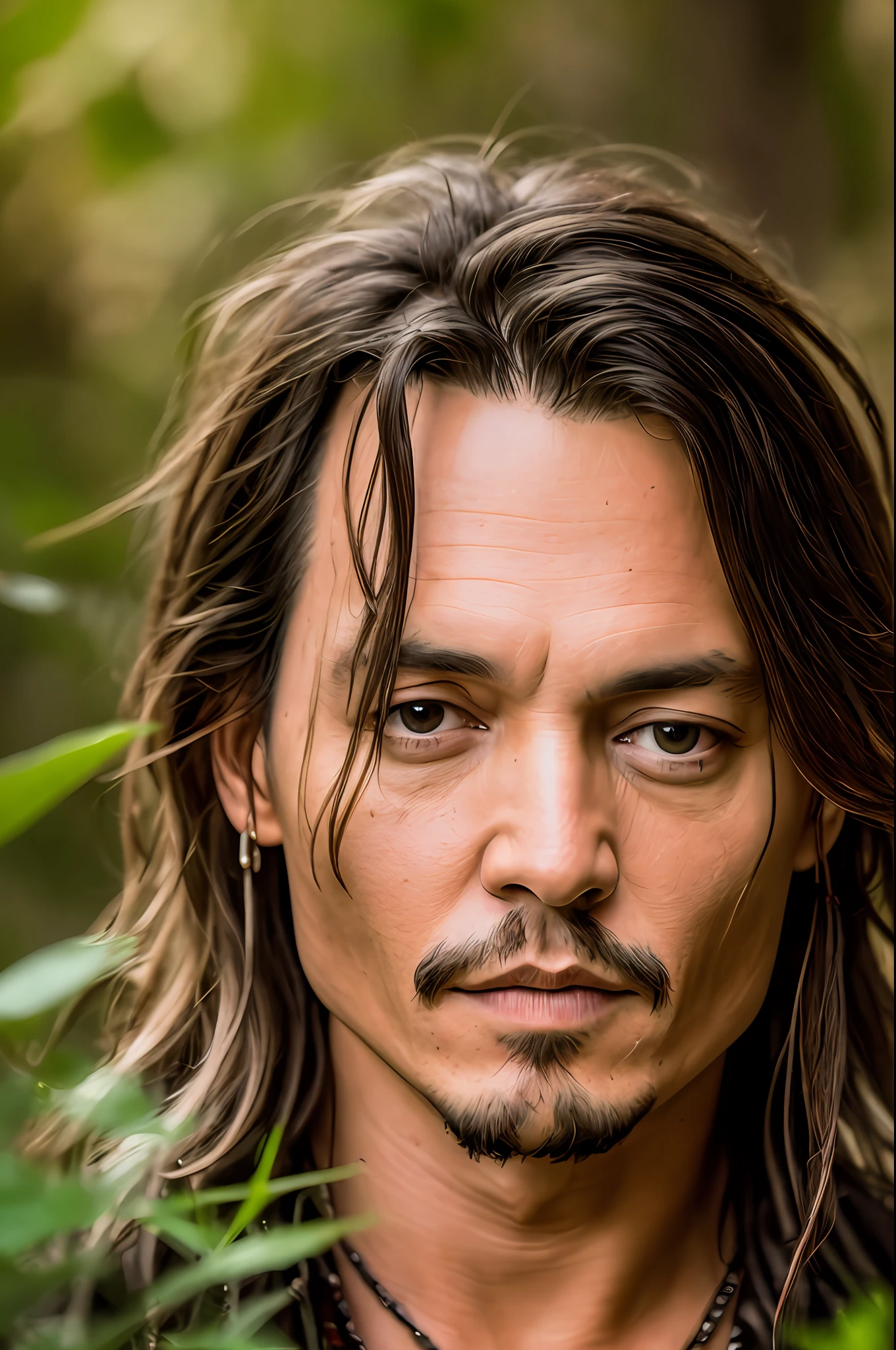 Masterpiece, Johnny Depp walks through the jungle at night in fireflies, (high detail: 1 of 1), rough face, natural skin, high quality, nsfw, beautiful eyes, (detailed face and eyes), (face : 1 2), noise, extra, real photo, PSD, light film photography, sharp focus, contrast lighting, detailed skin, high resolution 8k, crazy detail, realistic, professional photography, 8k UHD, slr camera, soft light , high quality, film grain, Fujifilm XT3