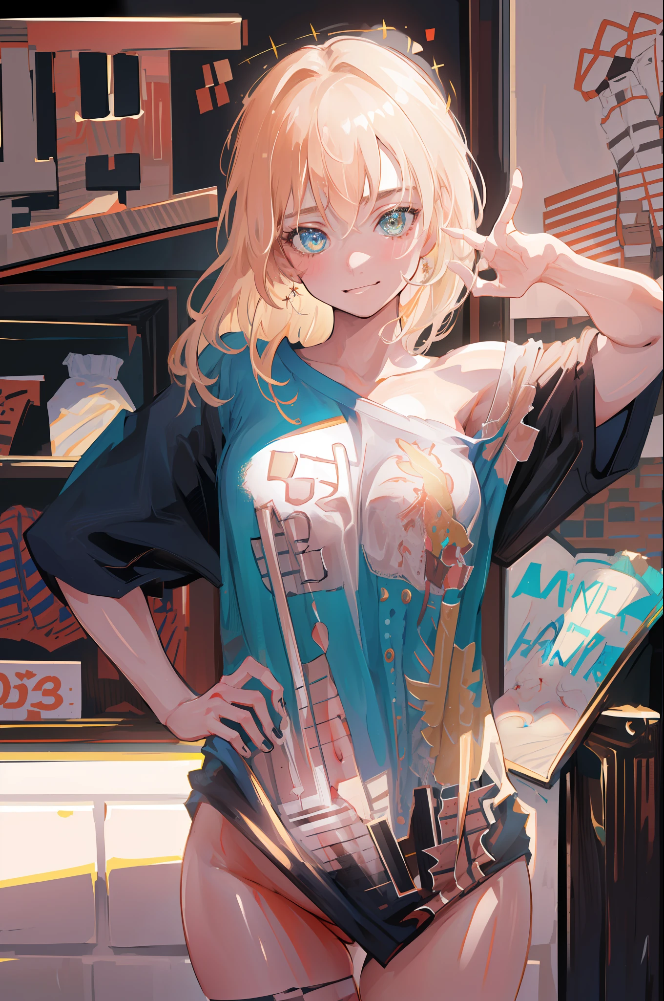 (8k, top quality, best quality, masterpiece, highly detailed: 1.2), NSFW, NUDE, 1girl, upper body, woman appearance (Margot Robbie), wearing boyfriend shirt and panties, (naked shirt, shirt puller), shy, half smile, noon, bottom