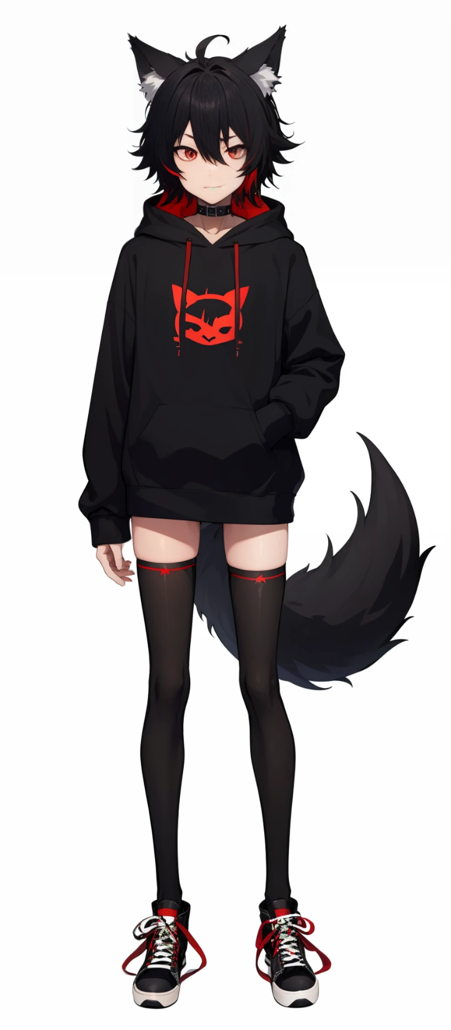 cat-boy, toned, sharp big wolf ears, wolf tail, big black messy hair, extremely vibrant red eyes, HD, masterpiece, vibrant, black converse shoes, slim dark black hoodie, full body view, neutral face, black thigh socks, combat boots.