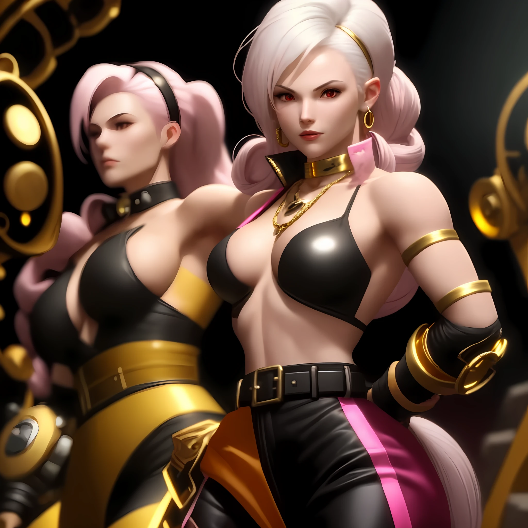 1girl, solo, mature woman, standing, fighting stance, black top, navel, large breasts, bare shoulders, colored skin:1.1, pink skin:1.2, long hair, white hair, golden belt, baggy white pants, smooth tail, pointy ears, red eyes, black sclara, gold bracers, gold necklace, large hoop earnings,detailed background, lab, science equipment, destroyed lab, rubble,