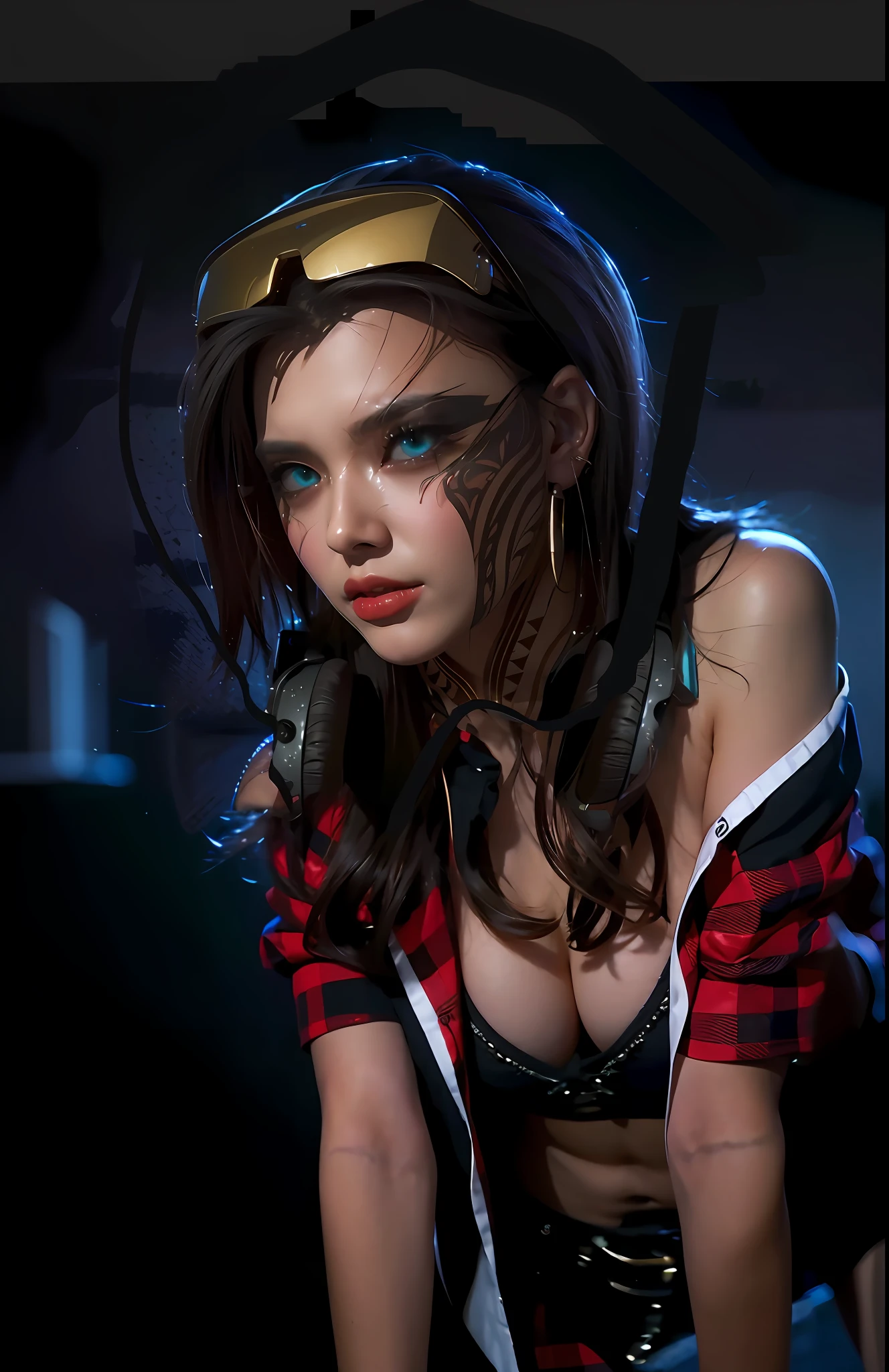 ((On the chest is a black blouse)), ((over a red shirt in a red check, unbuttoned)), the shirt hangs down, the pose rests on straight arms